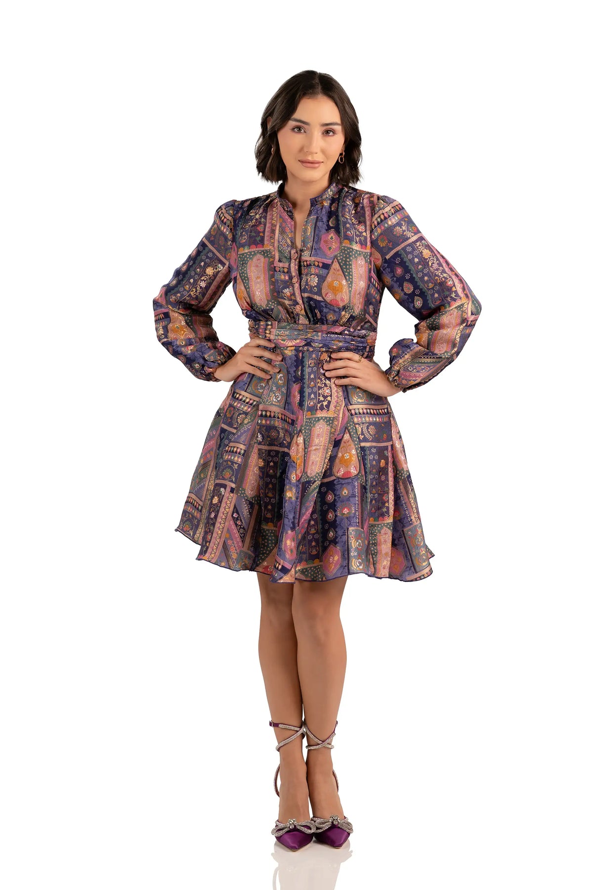 Pretty Pixie boho patchwork navy mini dress belted ruffle hem front