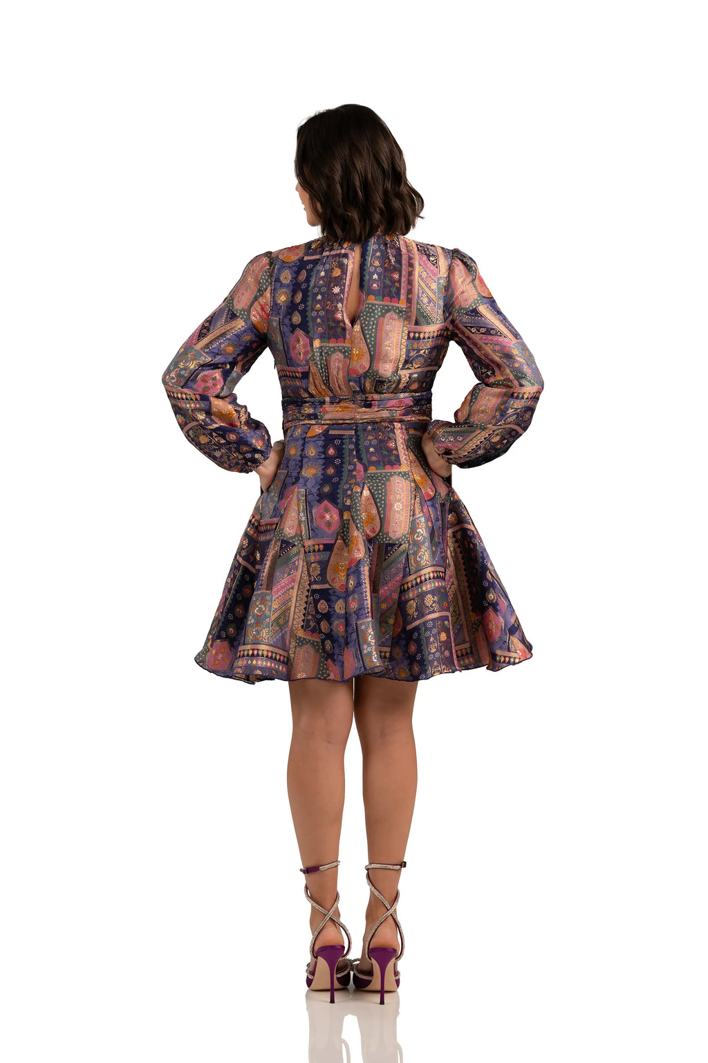 Back view of navy boho patchwork mini dress with belt and keyhole neckline