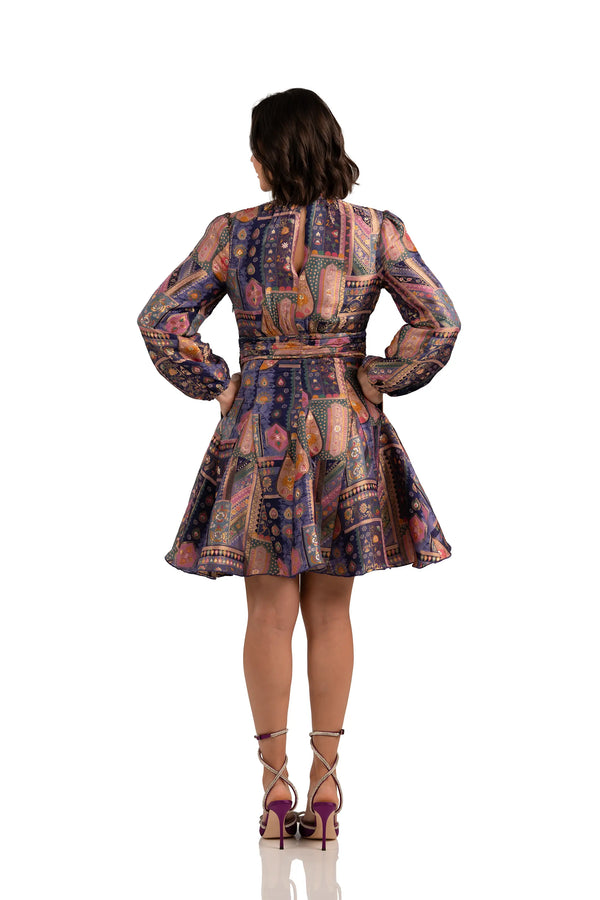 Back view of navy boho patchwork mini dress with belt and keyhole neckline