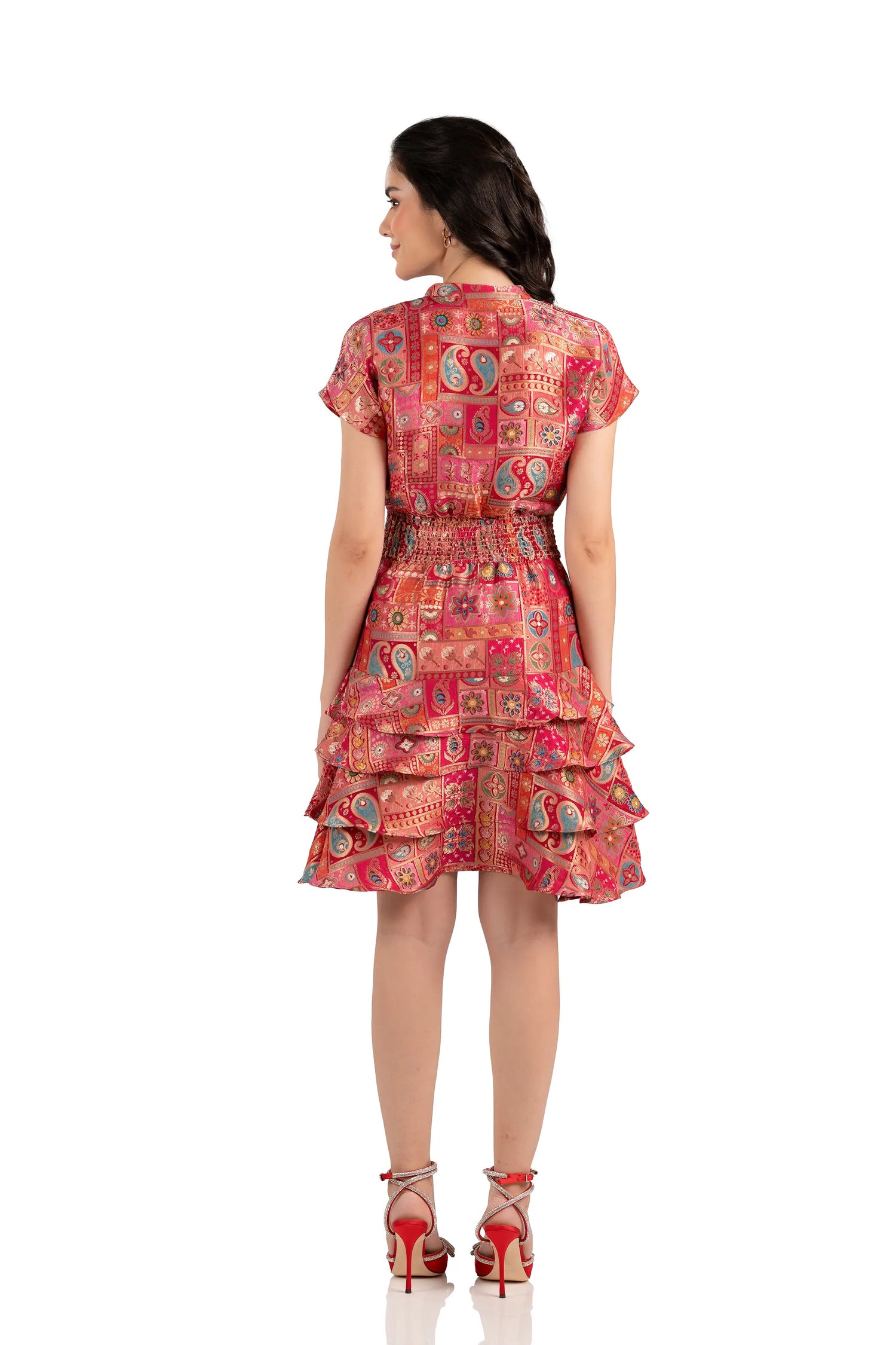 Back view of red boho patchwork mini dress with ruffle tiered hem