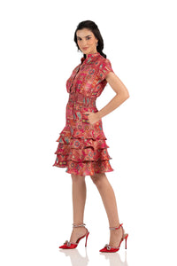 Side view of red boho patchwork mini dress with ruffle tiered skirt