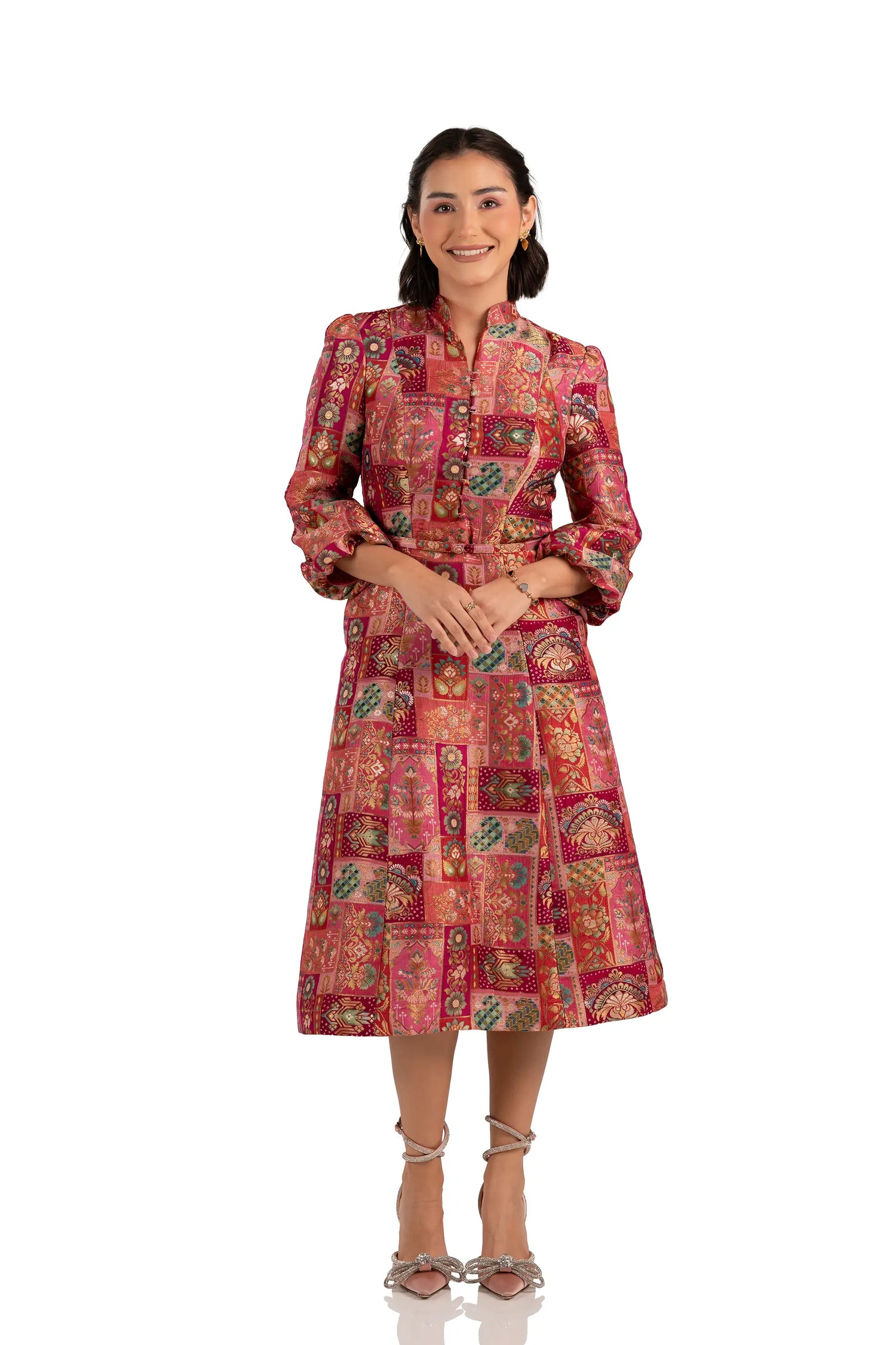 Front view: rose patchwork midi dress, long sleeves, button front, belted