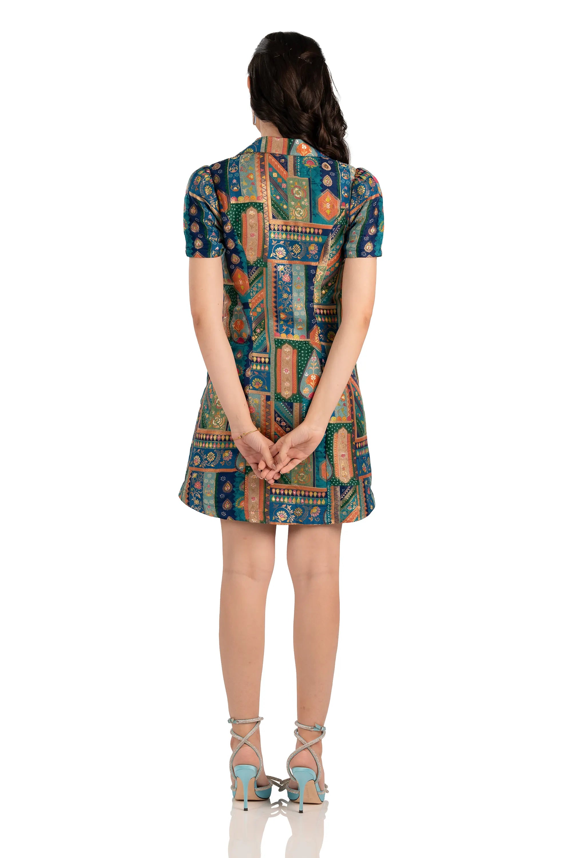 Back view of teal boho patchwork mini shirt dress with short sleeves