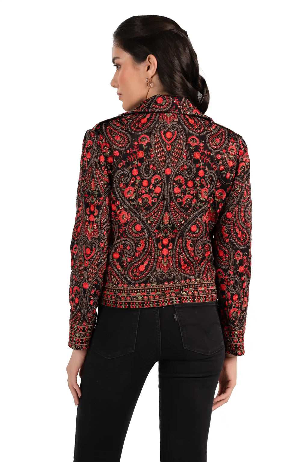 Back view of women’s black red embroidered paisley jacket