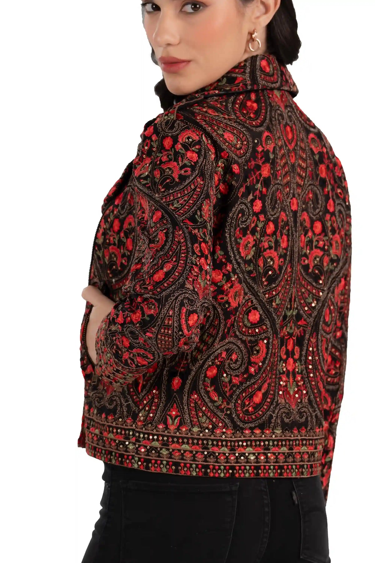 Crimson Black | Hand embroidered paisley biker jacket sleeve beadwork closeup