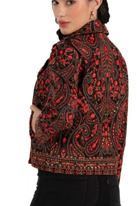 Crimson Black | Hand embroidered paisley biker jacket sleeve beadwork closeup