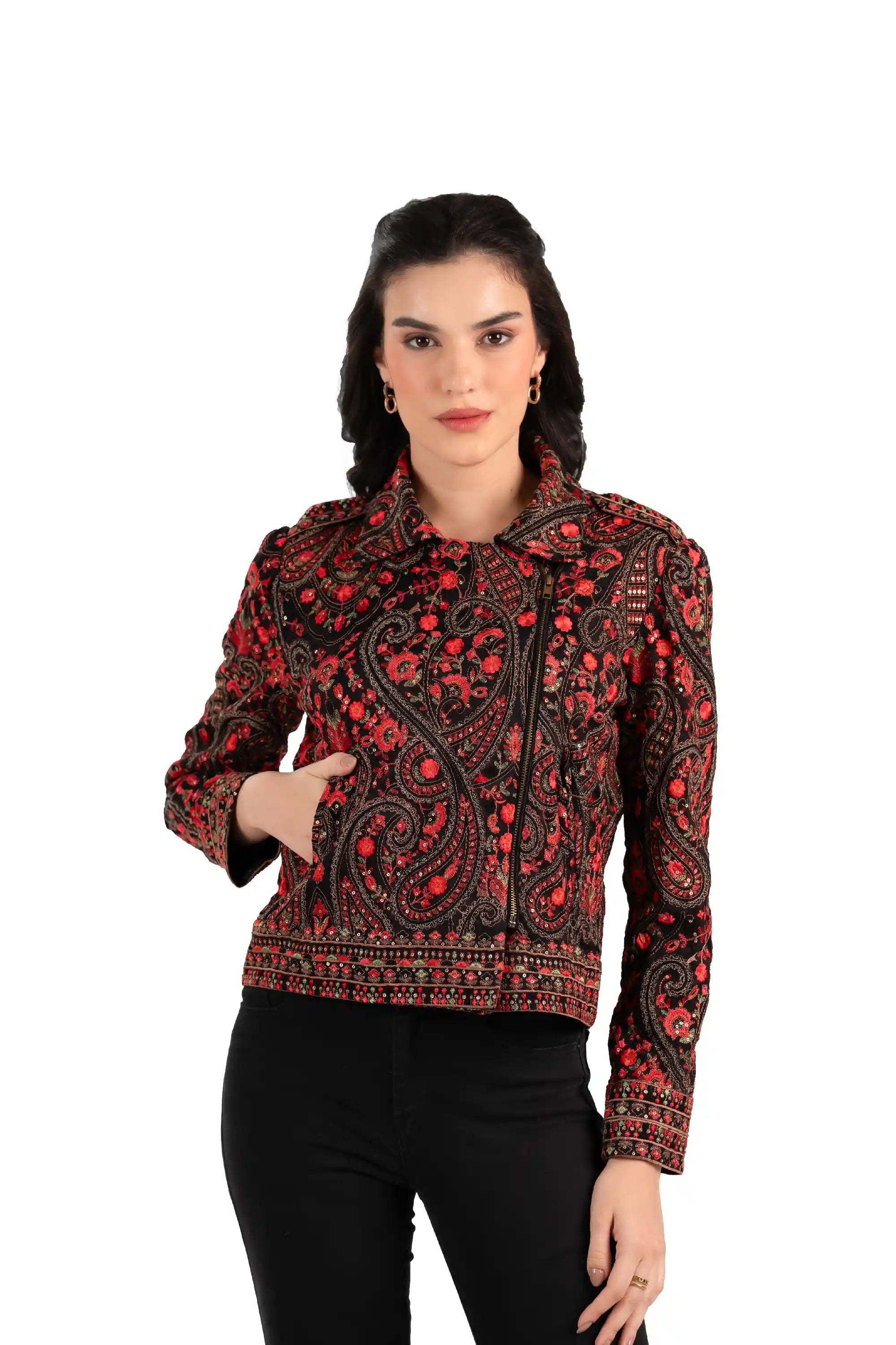 Women’s black red embroidered paisley jacket, front view with pockets