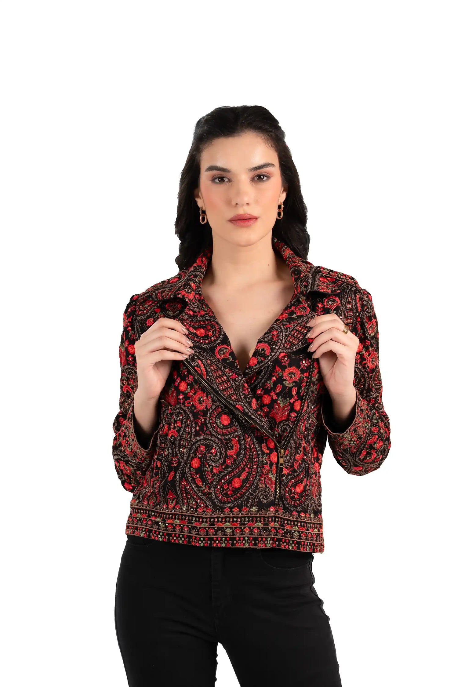 Women’s black red paisley embroidered jacket with lapel collar, front view