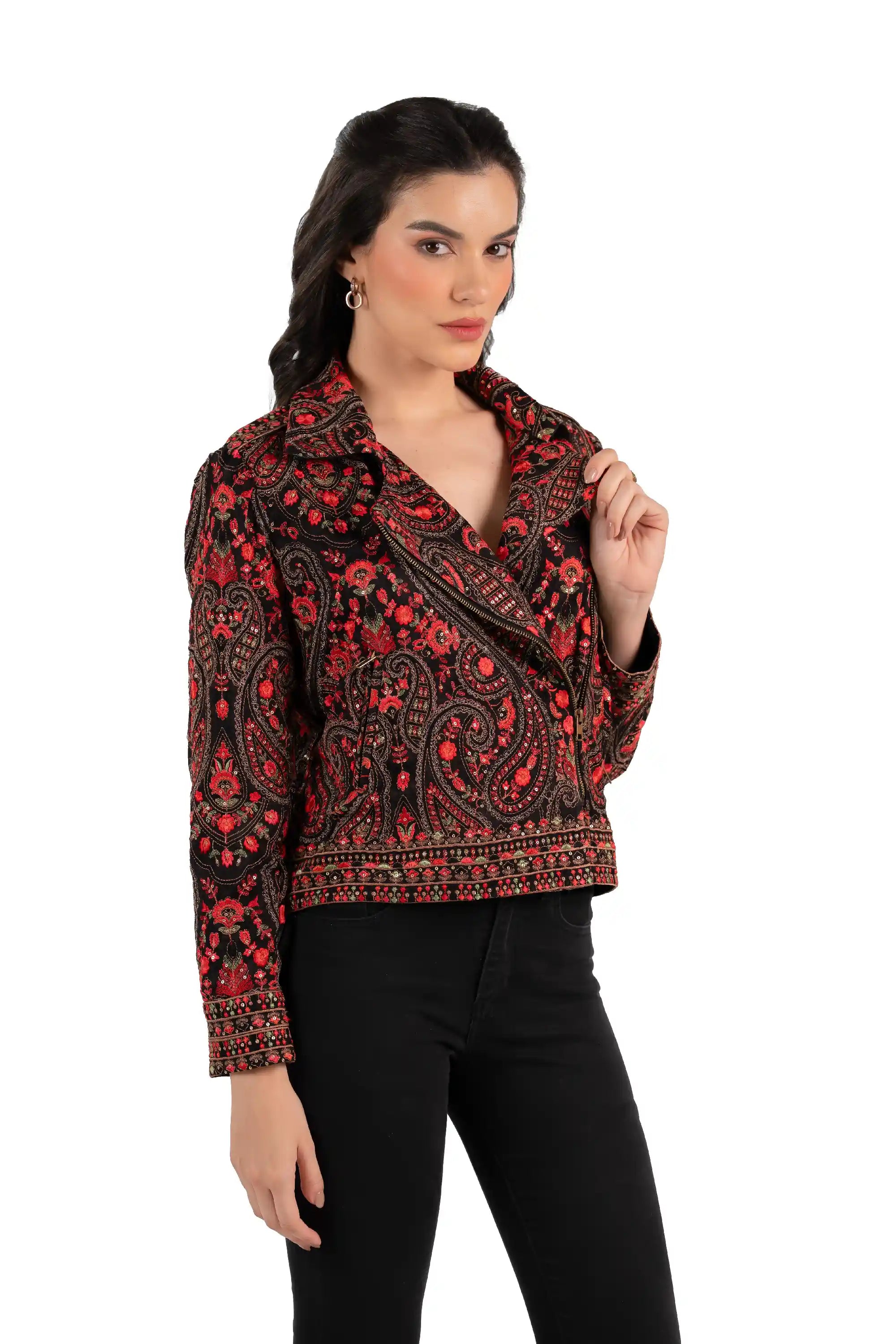 Women’s black red embroidered paisley jacket, front three-quarter view