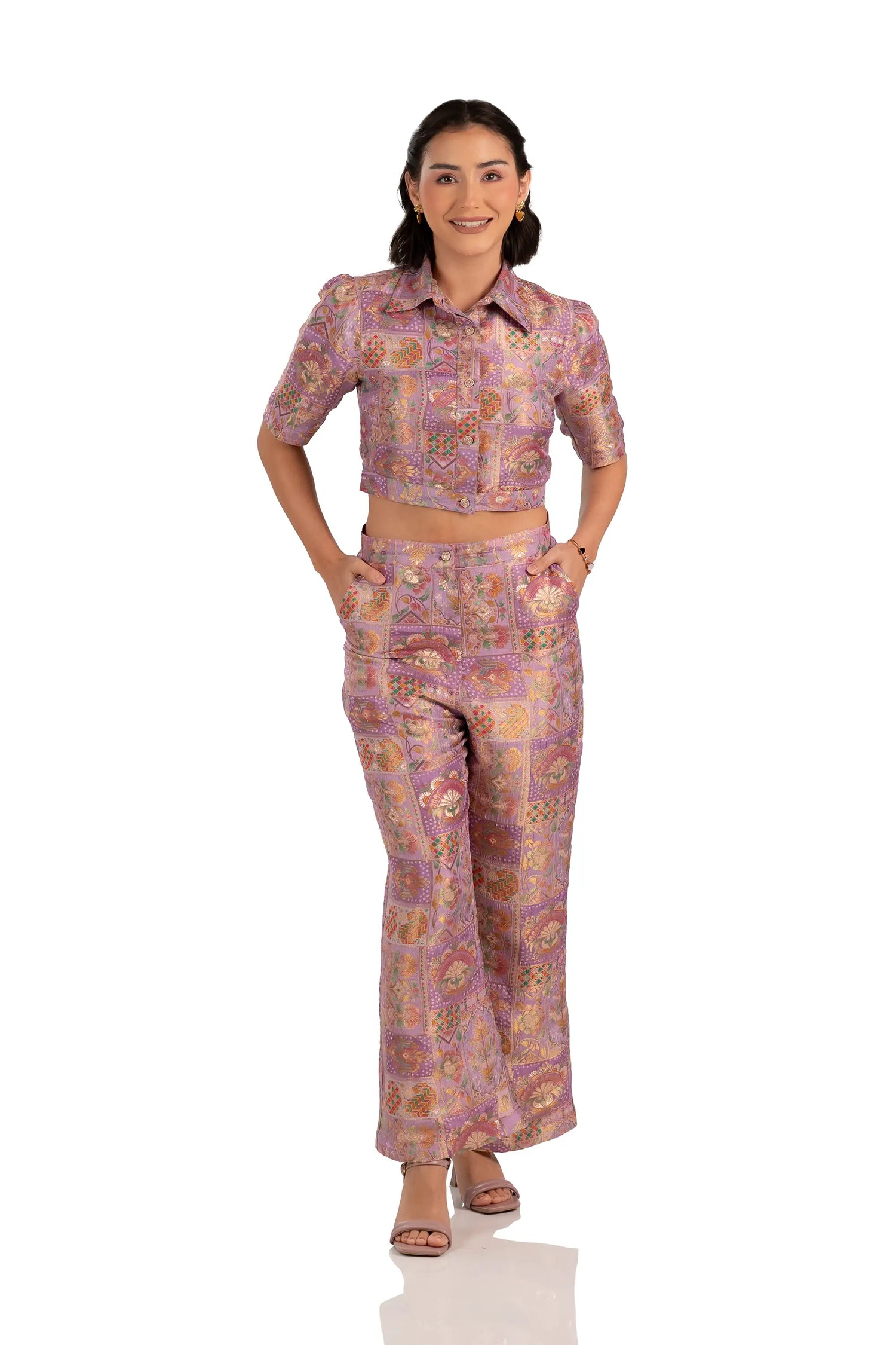 Front view: lilac jacquard crop shirt with high-waist pants, pockets