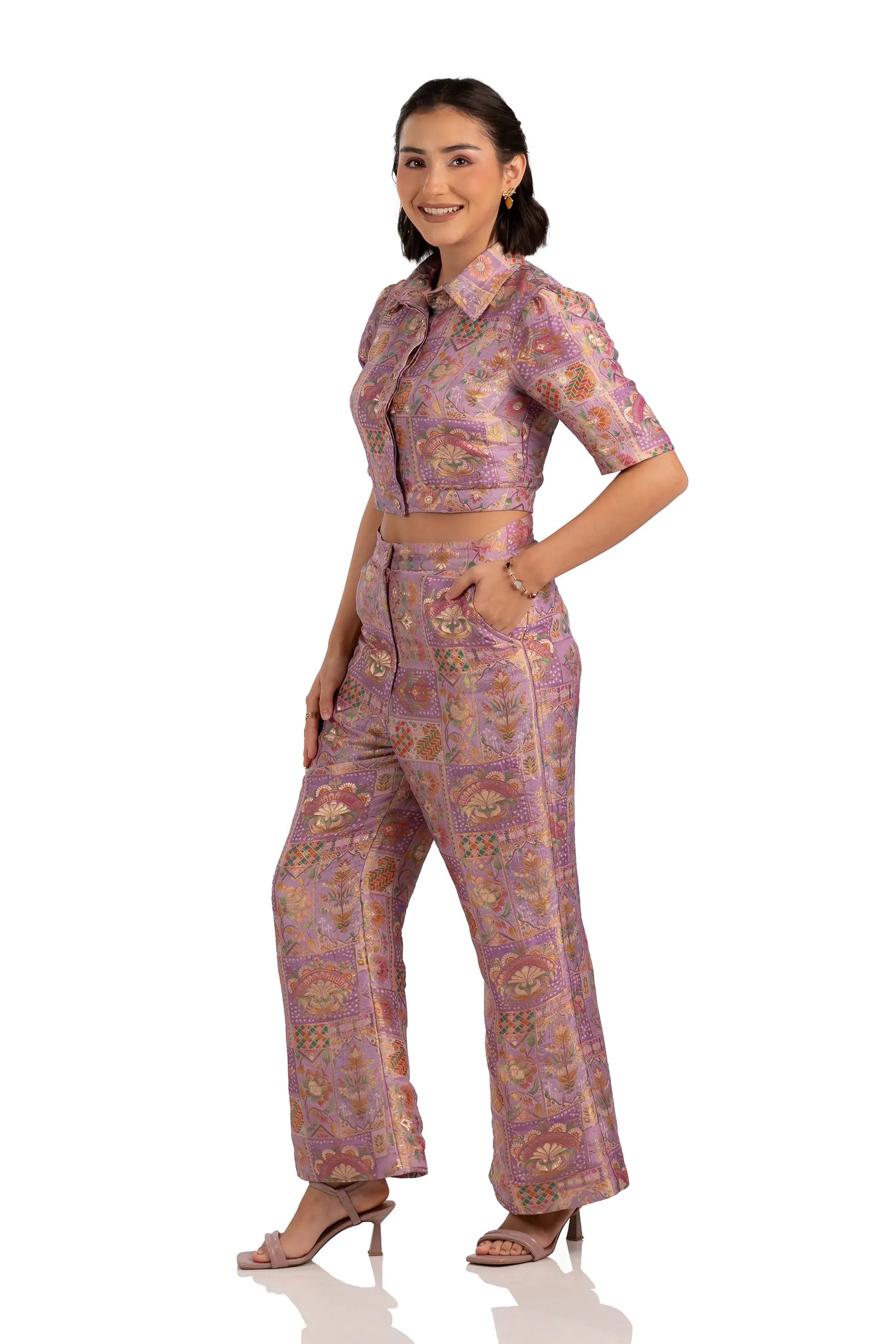 Side view of lilac jacquard crop shirt with matching high-waist pants co-ord