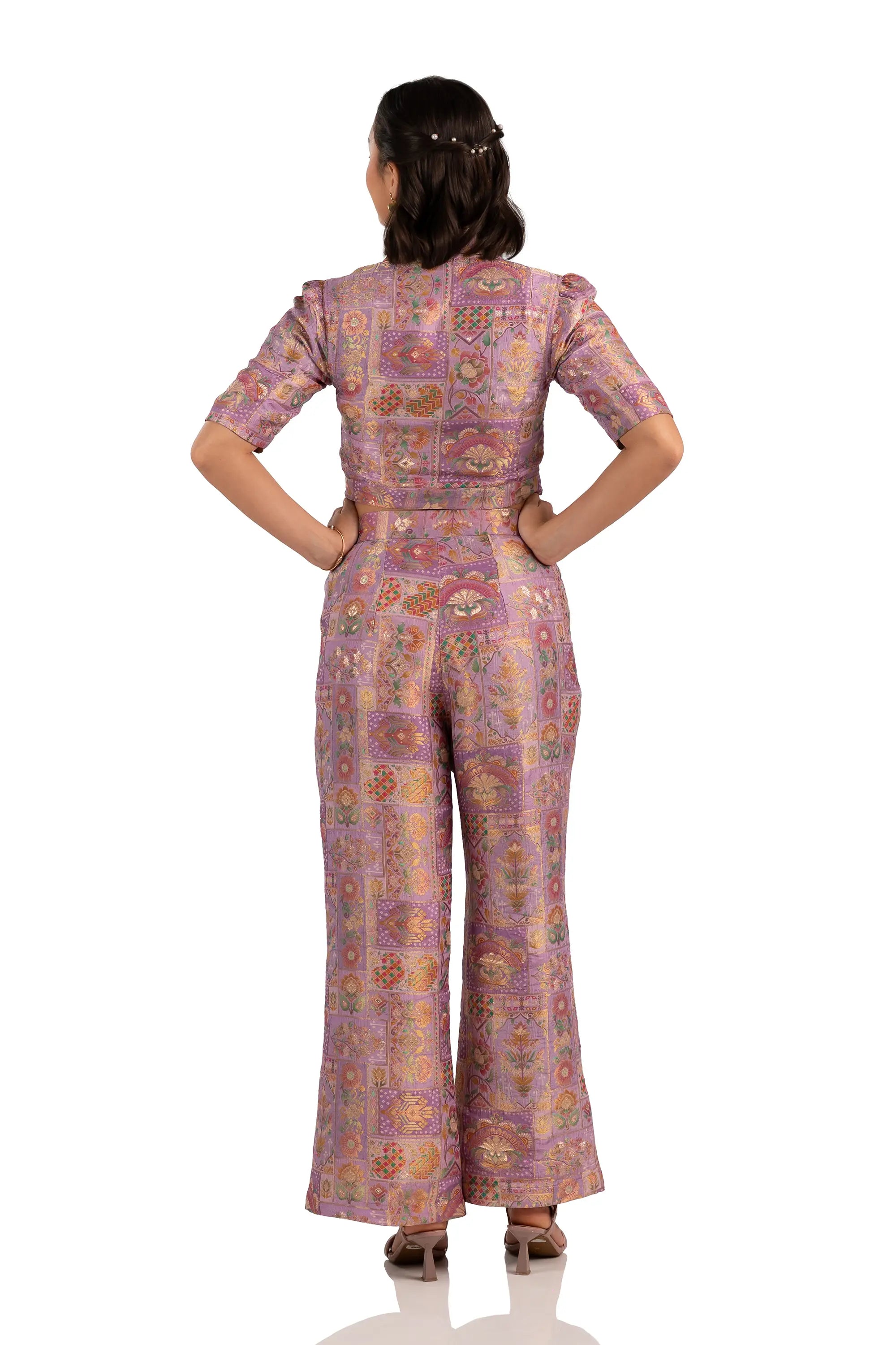 Back view of lilac jacquard co-ord set: crop shirt and wide-leg pants