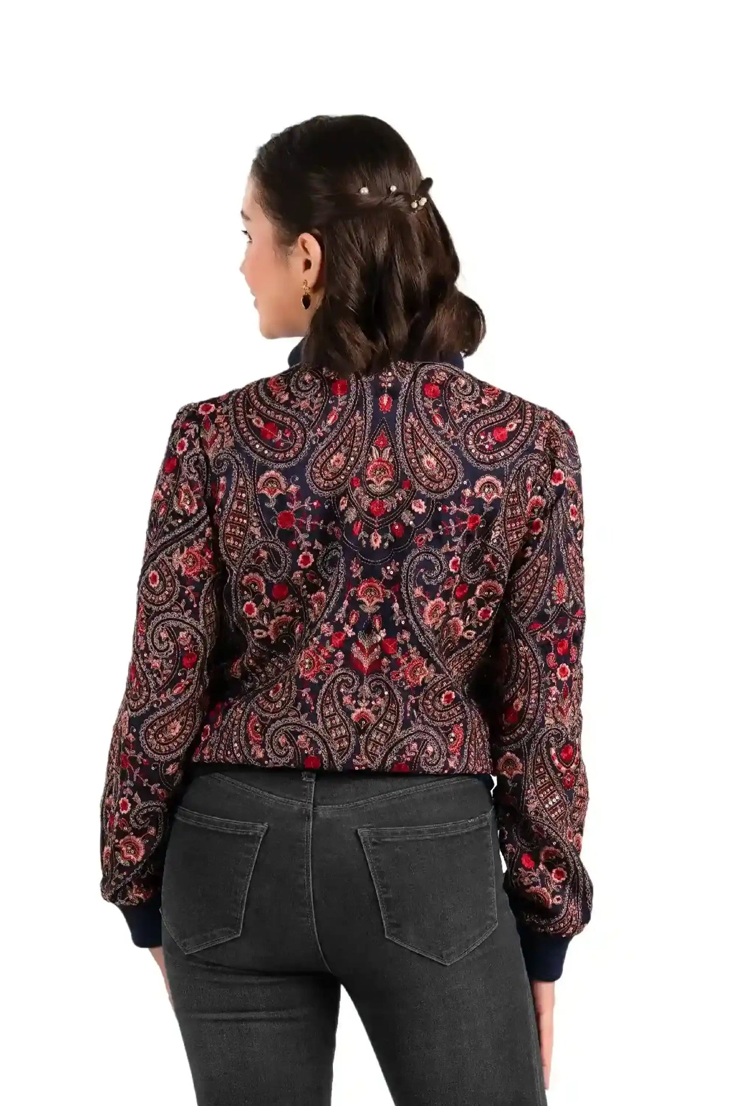 Back view of women's navy paisley embroidered bomber jacket