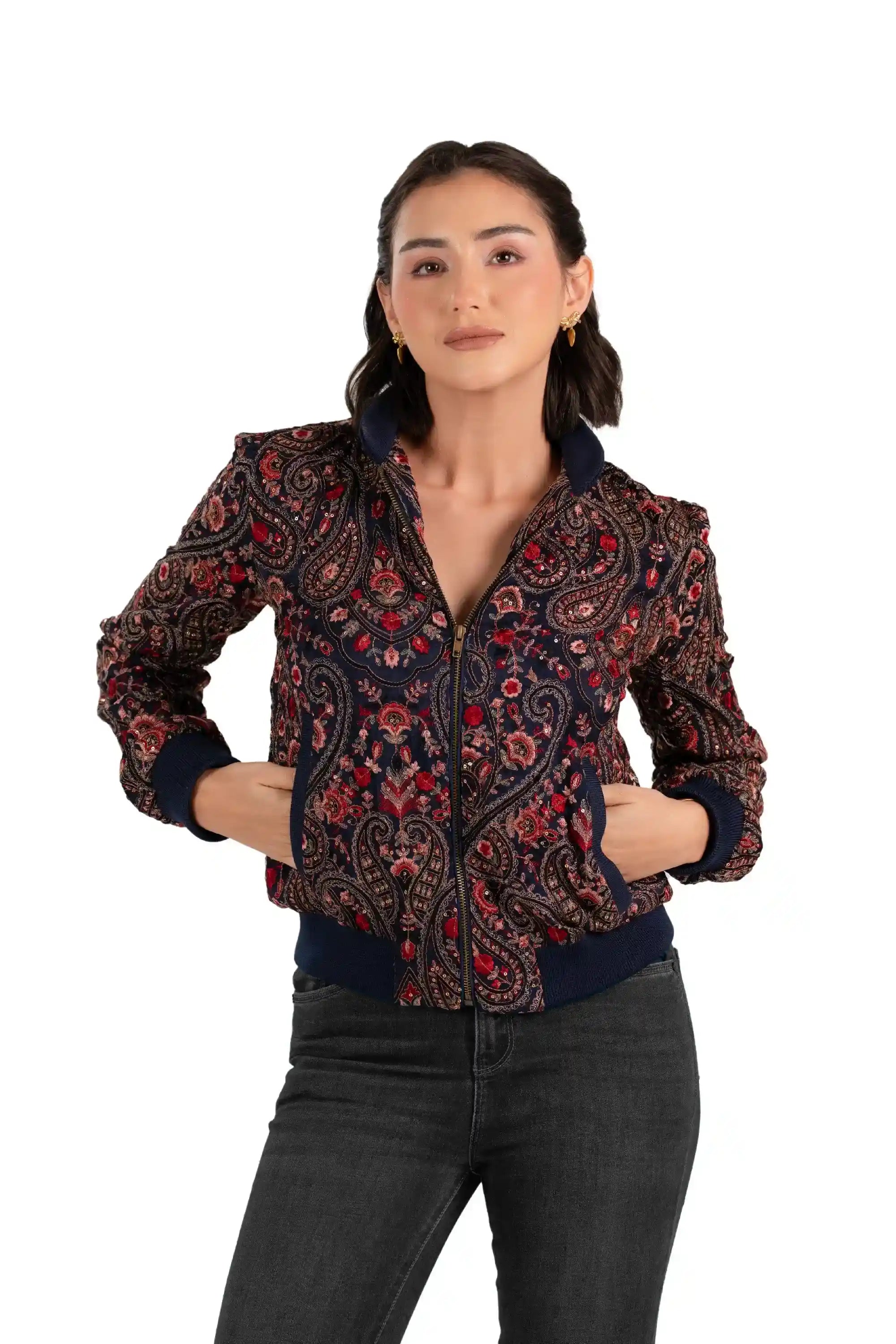 Front view of women's navy paisley embroidered bomber jacket