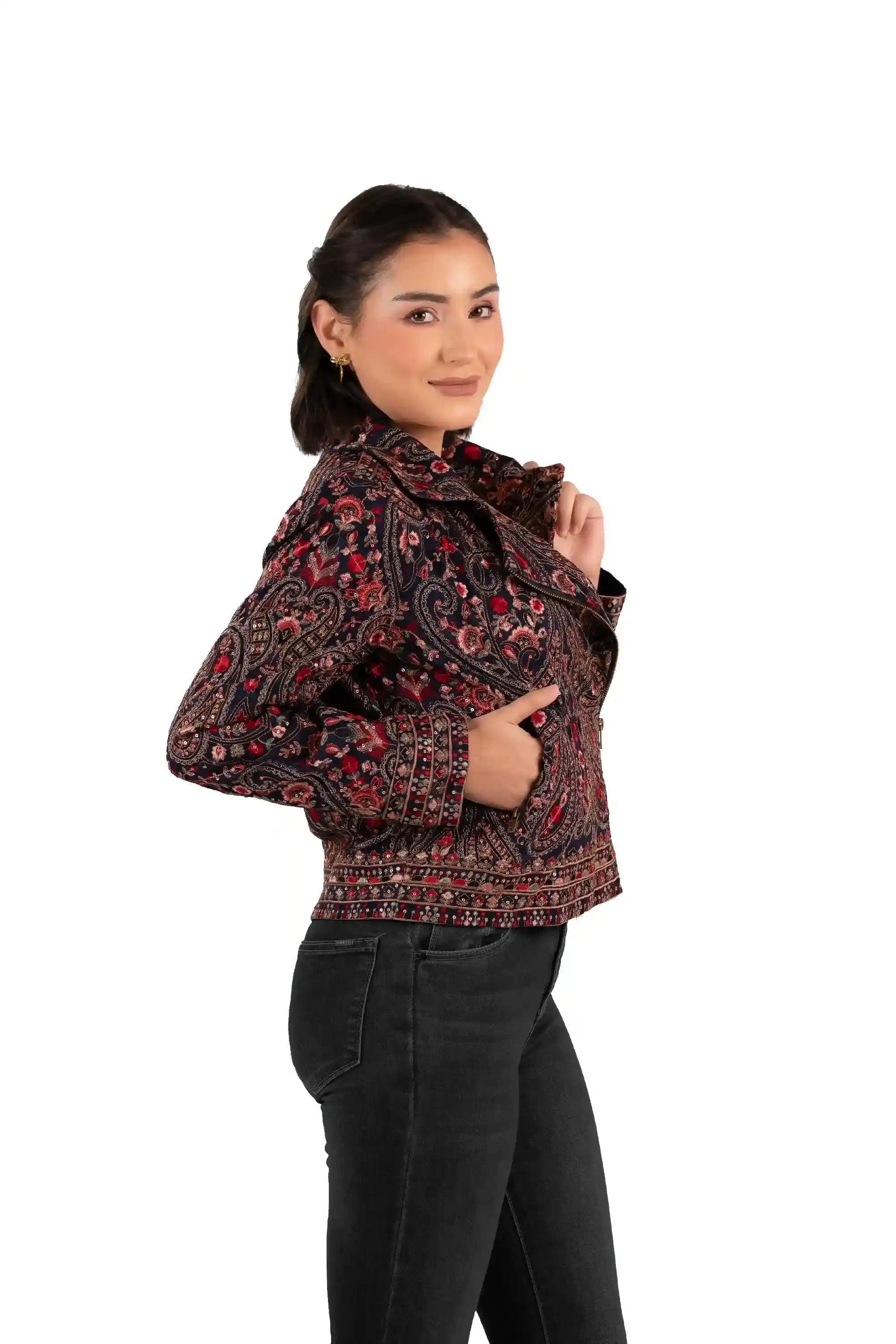 Side view of women's navy embroidered paisley jacket with lapel