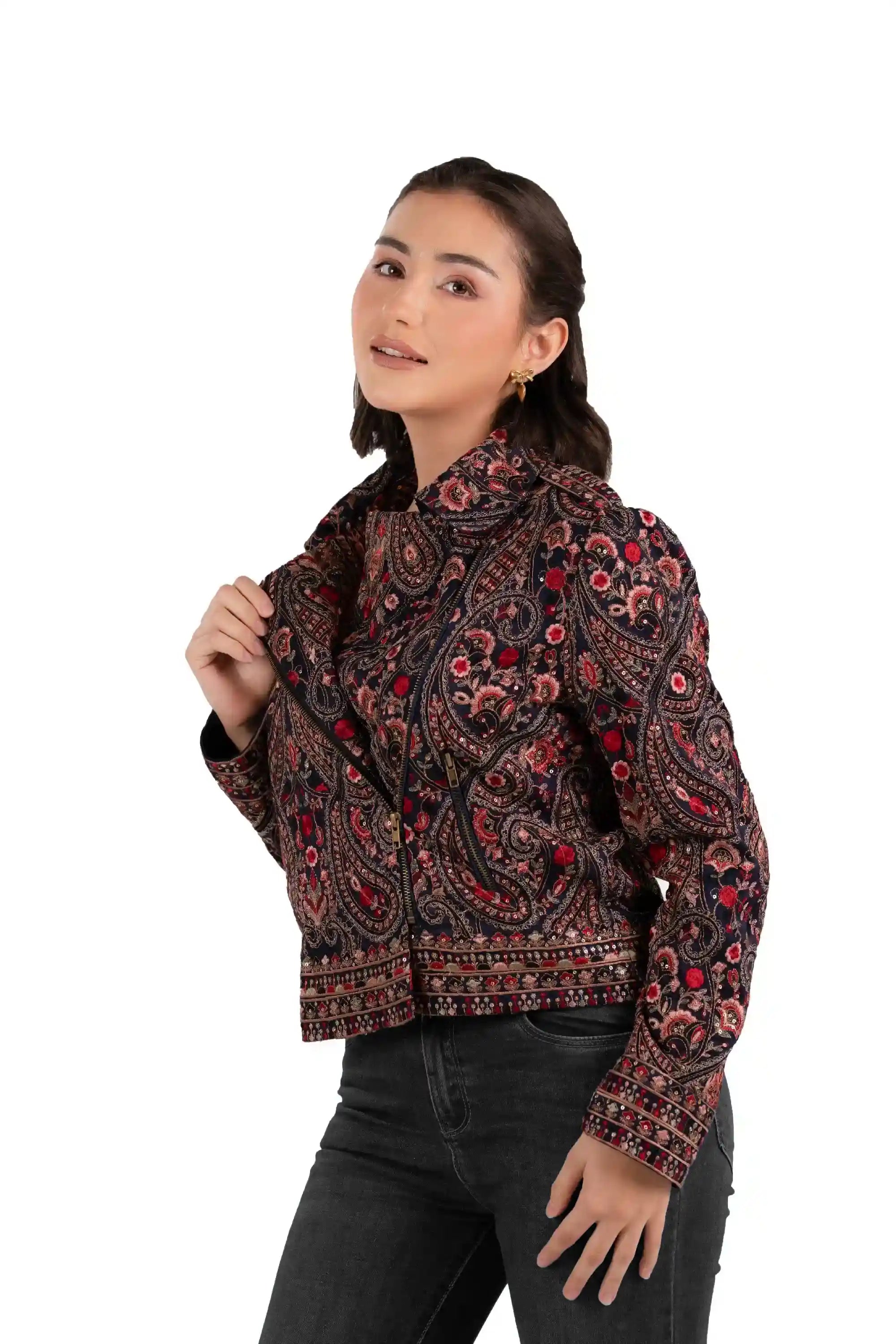 Women's navy embroidered paisley jacket, three-quarter pose