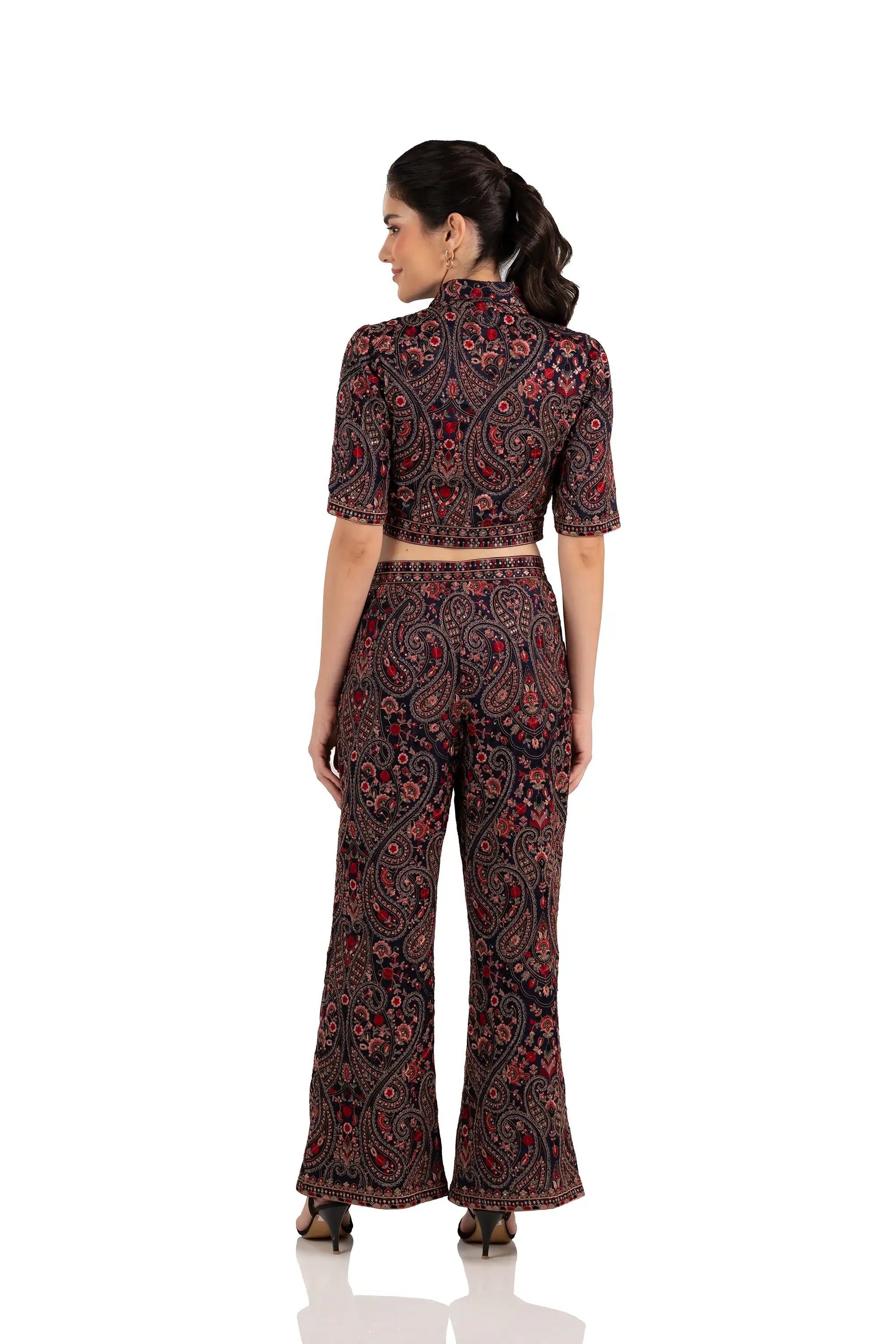 Back view of navy paisley co-ord set, crop shirt and wide-leg trousers