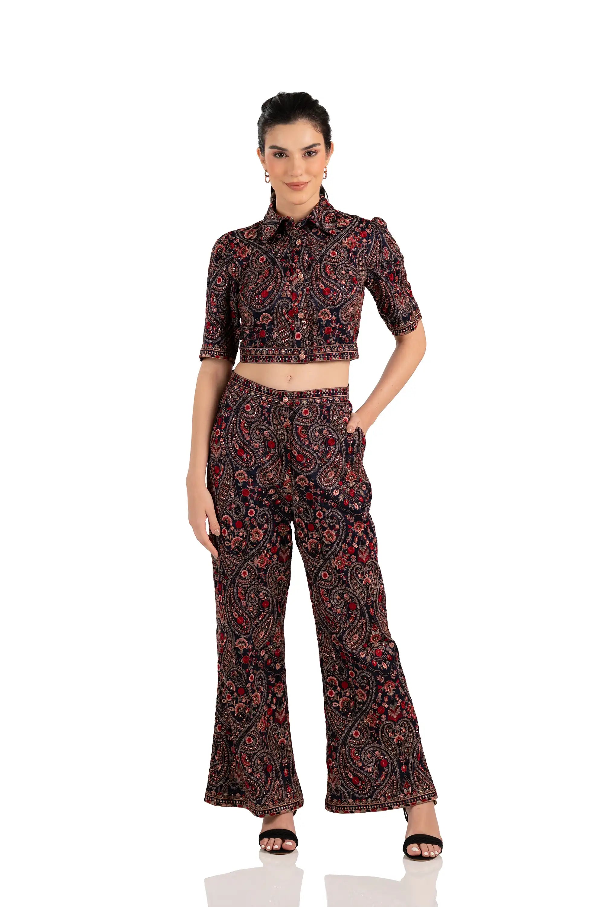 Front view: navy paisley crop shirt with matching wide-leg pants co-ord set