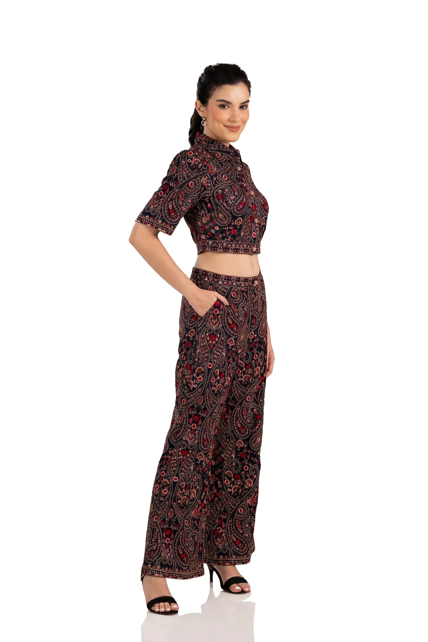Side view of navy paisley crop shirt and wide-leg pants co-ord set with pockets