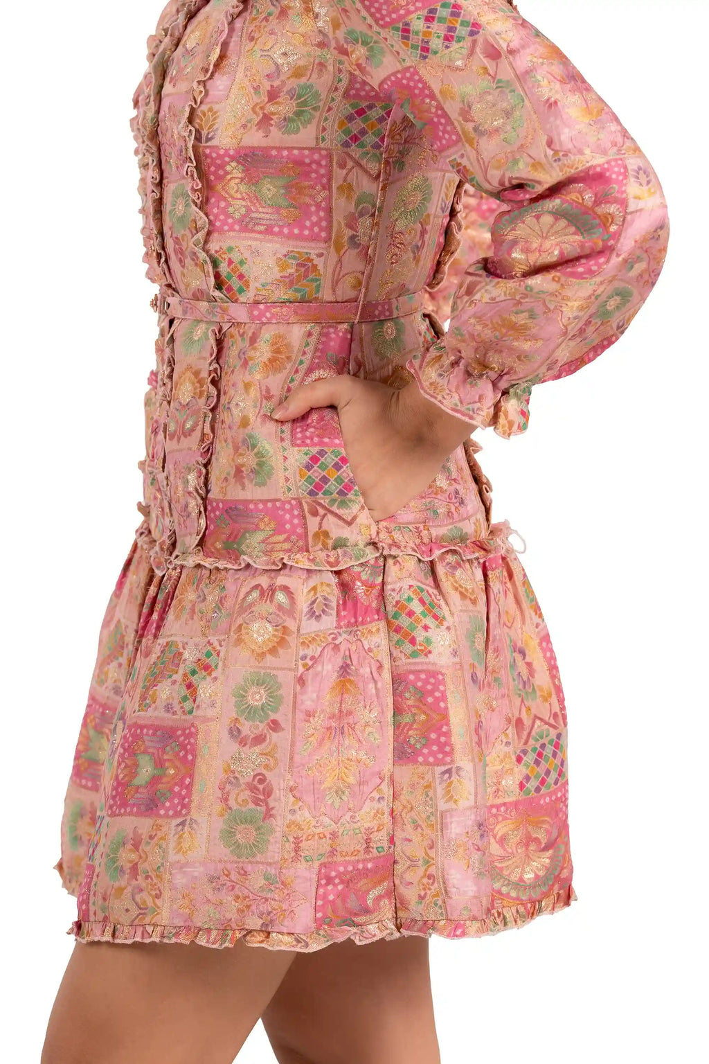 Pink jacquard patchwork mini dress with ruffle trim and pocket, side detail