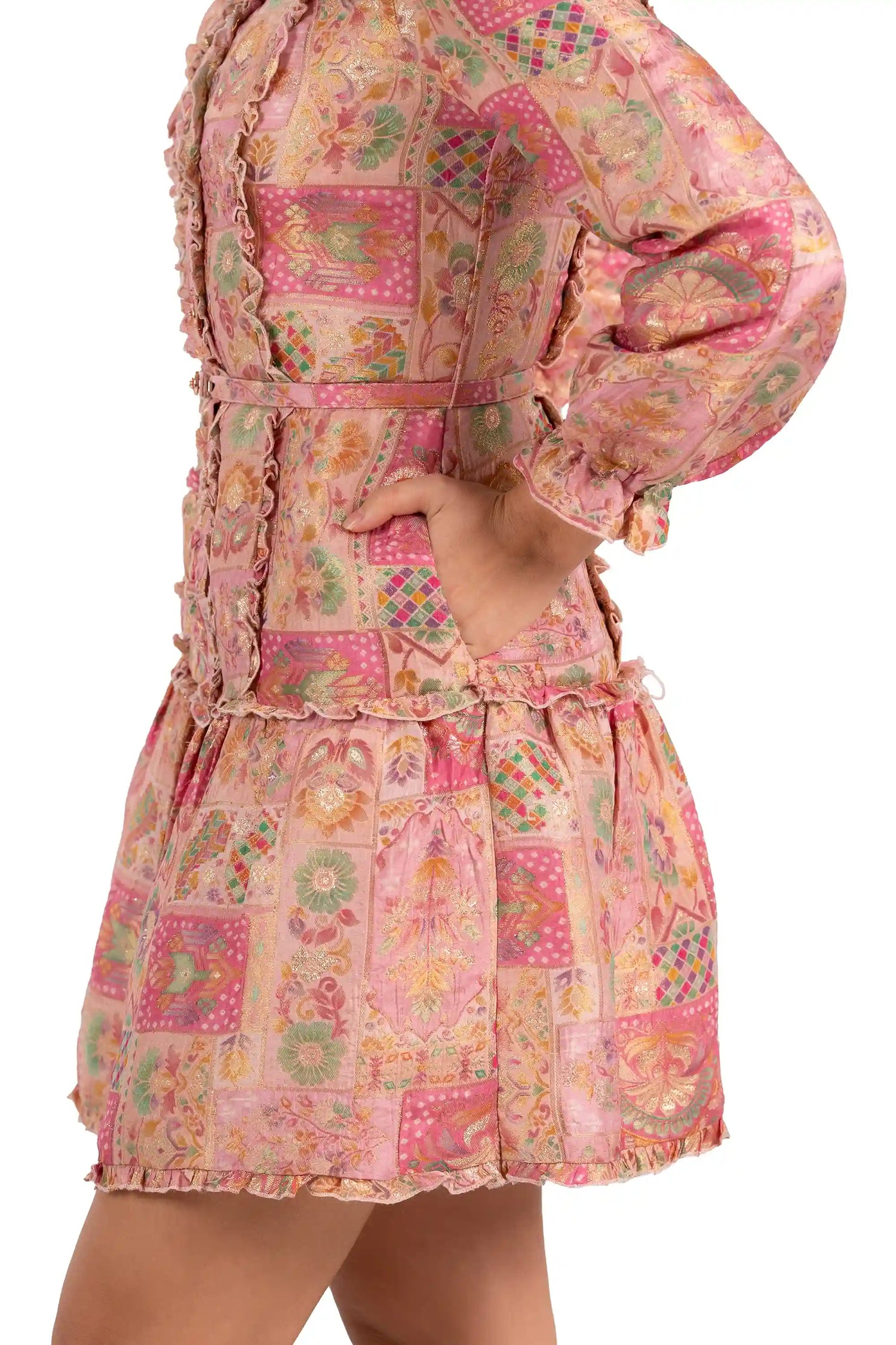 Pink jacquard patchwork mini dress with ruffle trim and pocket, side detail