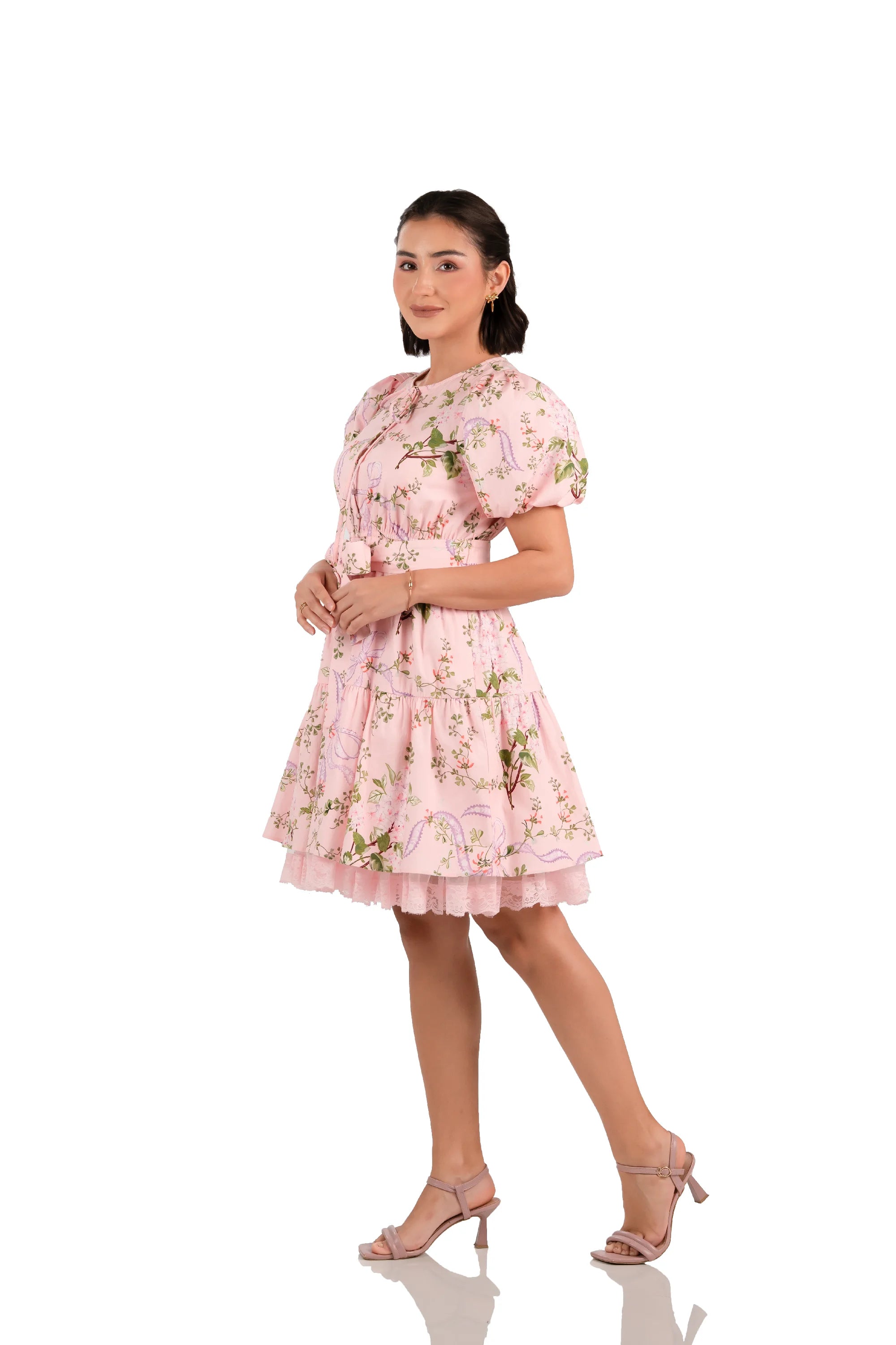 Pink floral bow mini dress, puff sleeves and flounced skirt, side angle