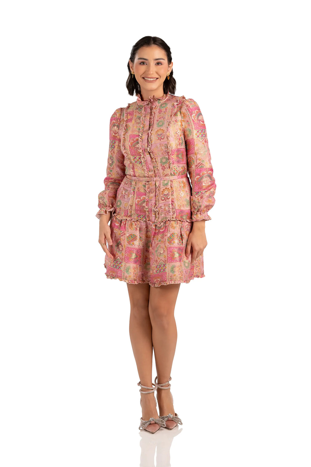 Front view: pink patchwork mini dress with ruffle placket and belt