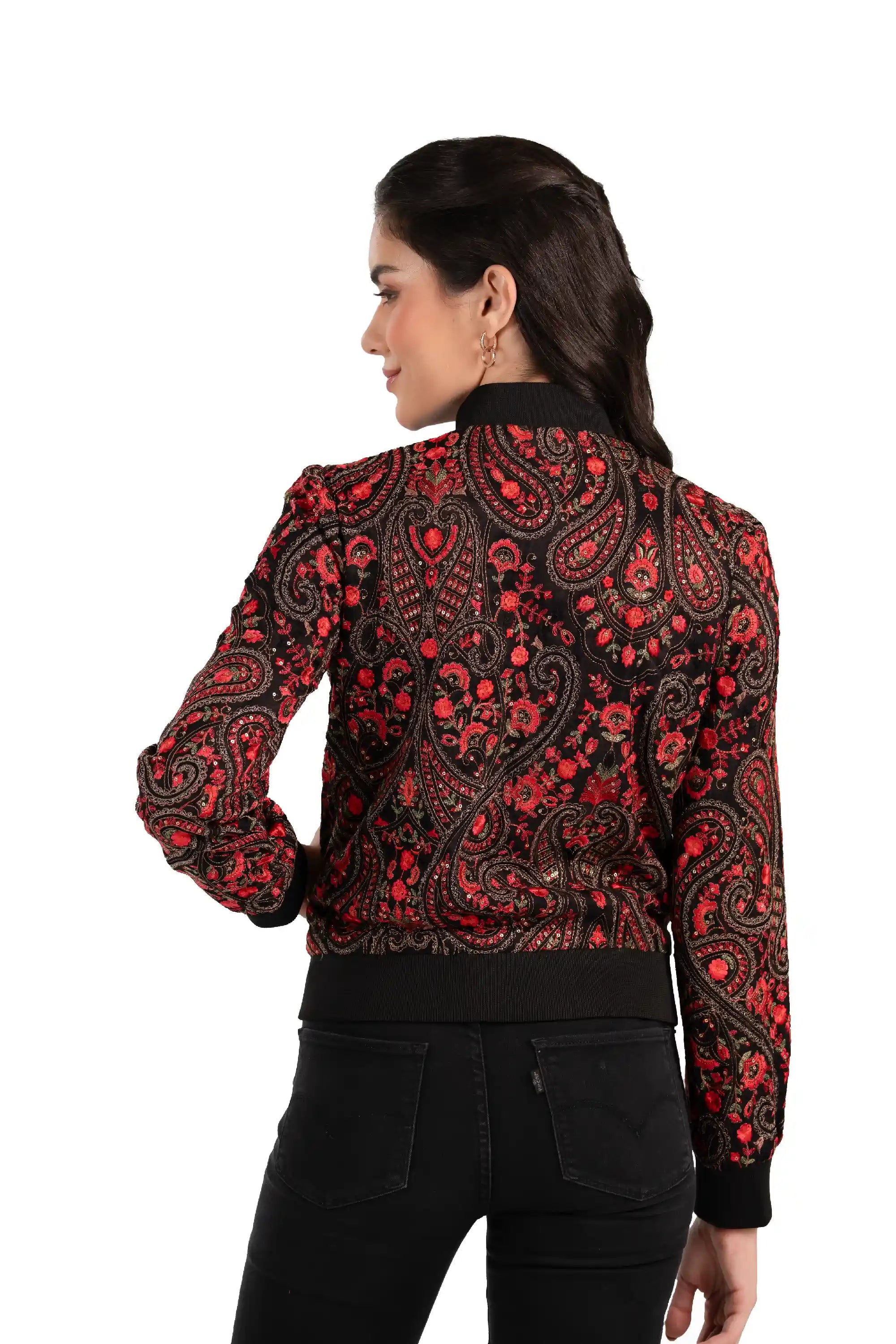 Back view of women’s black bomber jacket with red paisley embroidery