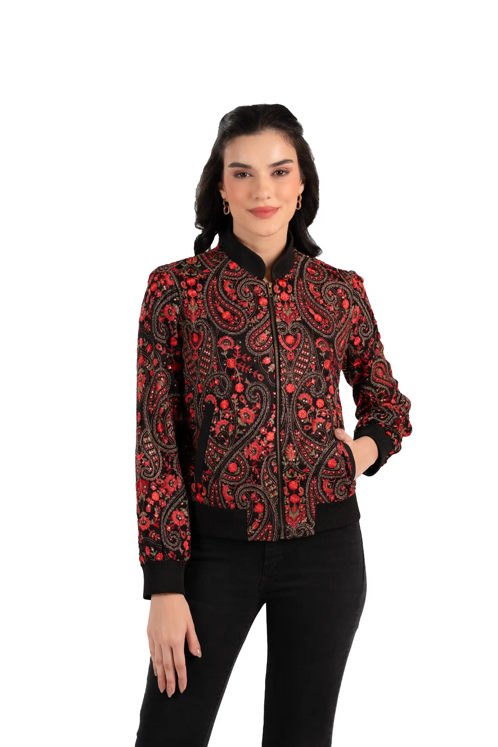Front view of women’s red paisley embroidered black bomber jacket