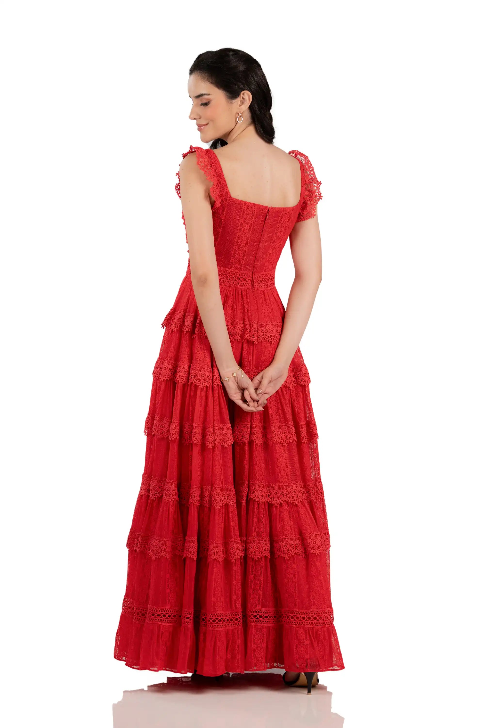 Women back view of women’s red tiered lace maxi dress with flutter straps.