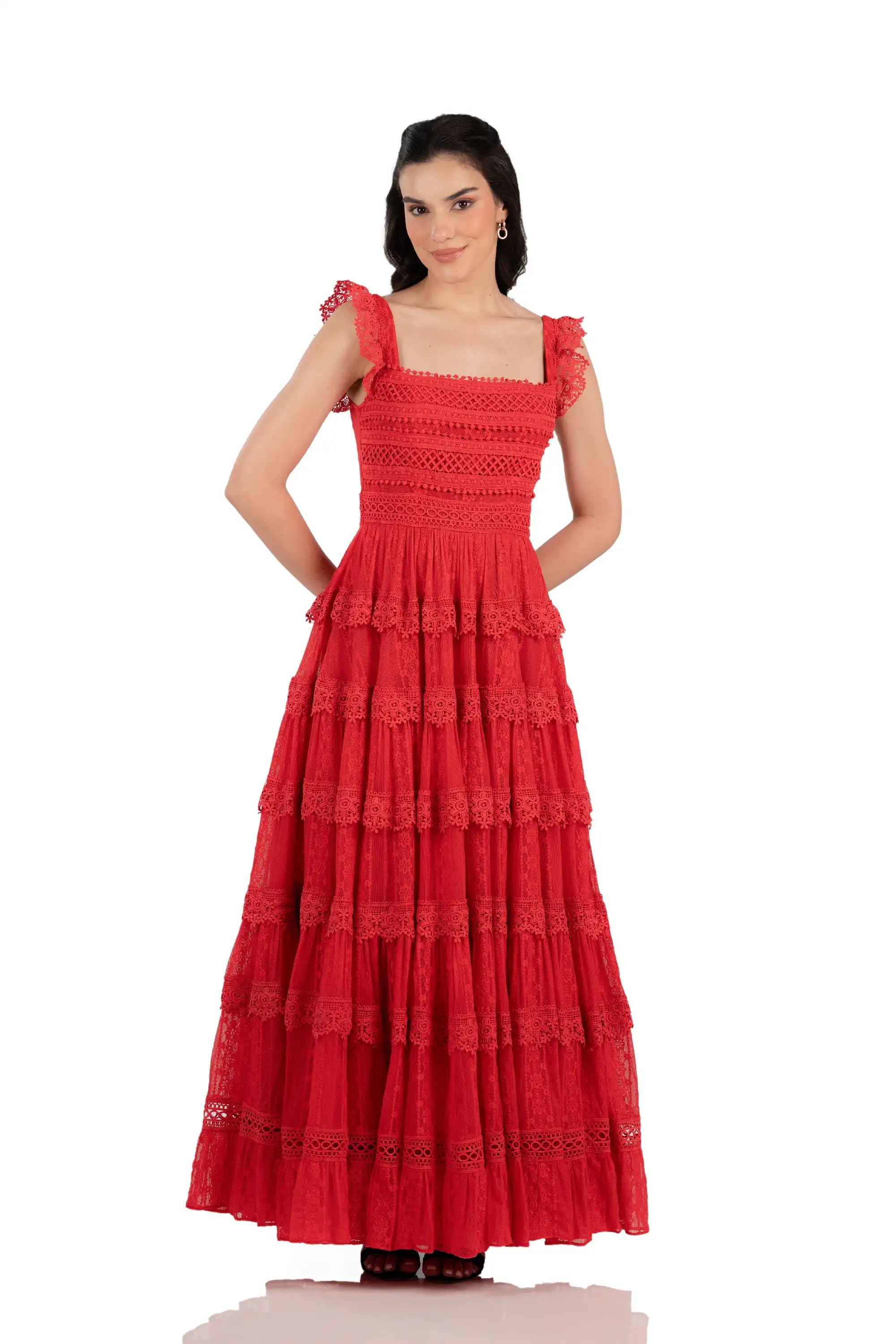 Front view of women’s red tiered lace maxi dress with flutter straps, square neck.