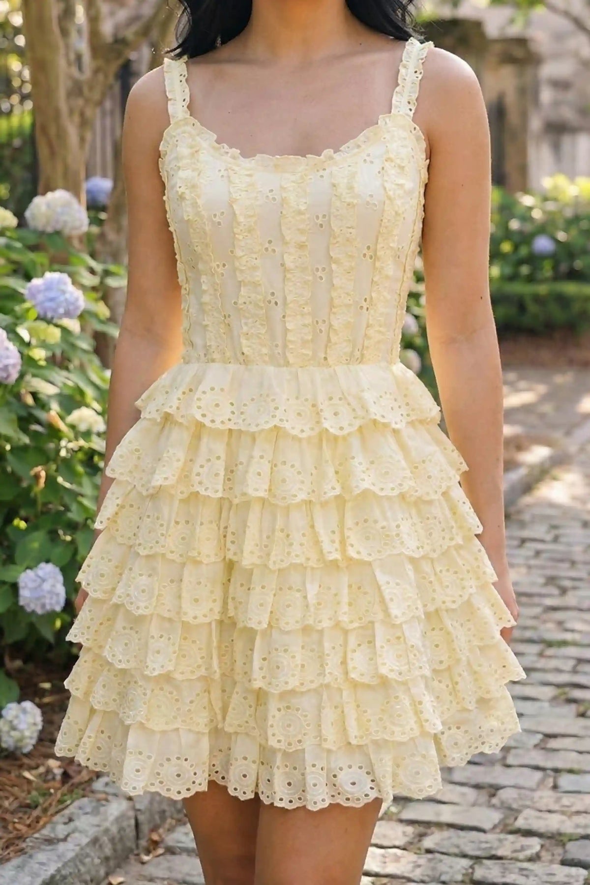 Pretty Pixie buttercream yellow eyelet tiered ruffle corset mini dress
