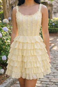 Pretty Pixie buttercream yellow eyelet tiered ruffle corset mini dress