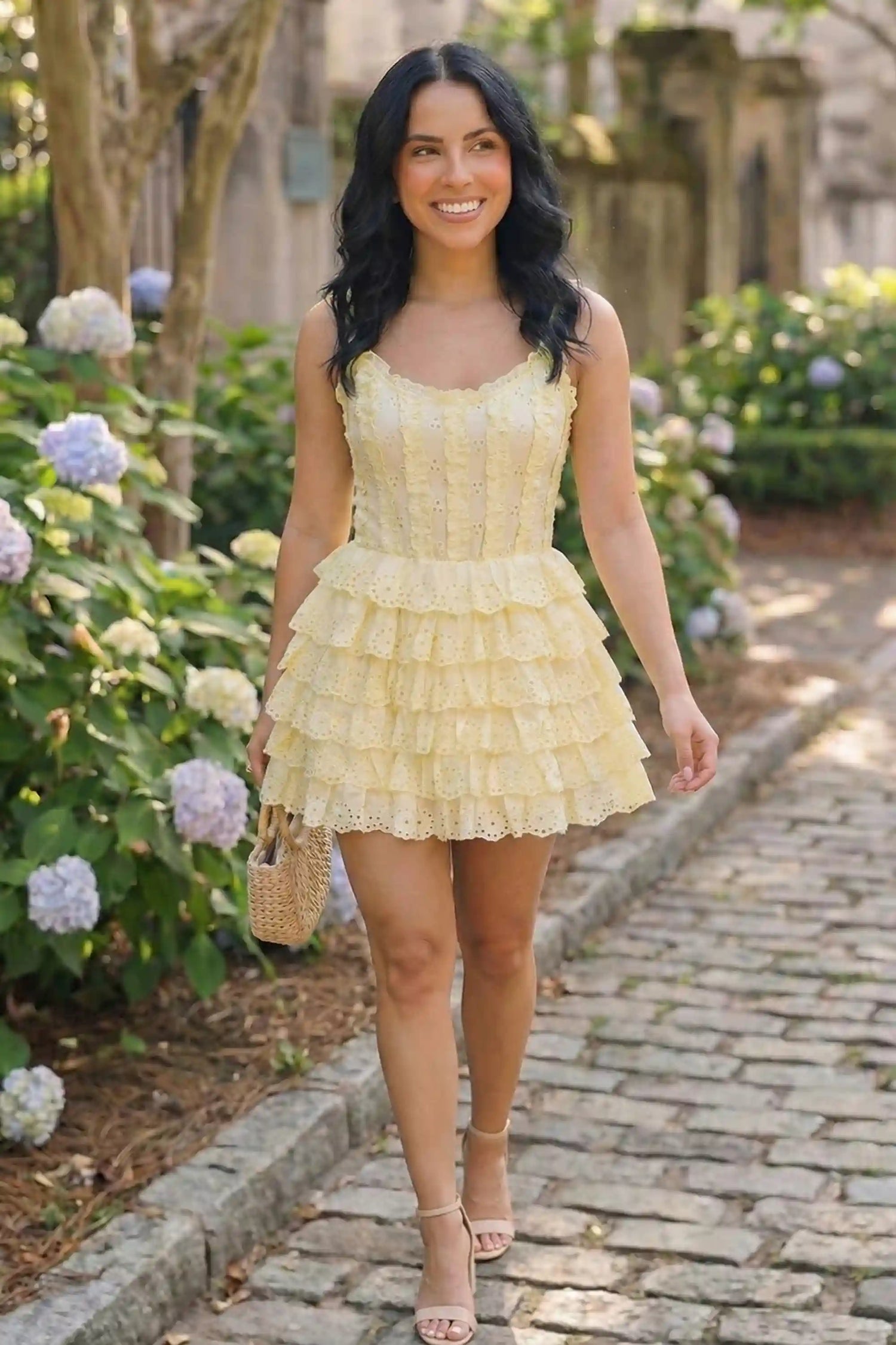 Pretty Pixie buttercream yellow eyelet tiered ruffle corset mini dress front view garden