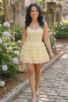 Buttercream Yellow Eyelet Tiered Ruffle Corset Mini Dress