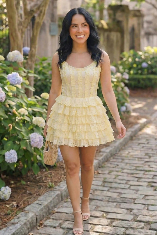 Pretty Pixie buttercream yellow eyelet tiered ruffle corset mini dress front view garden