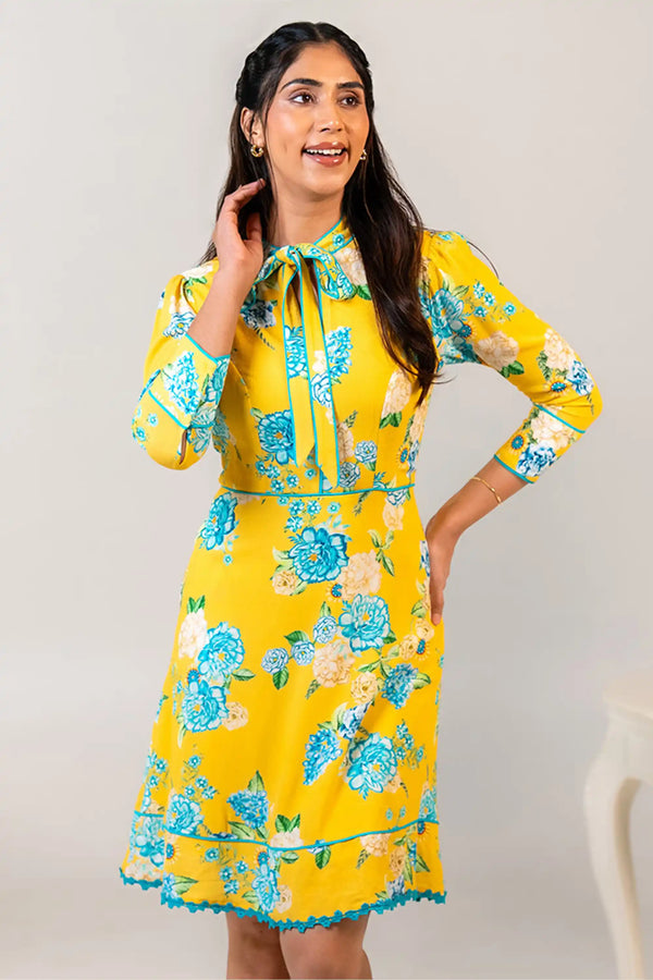 Sunshine Yellow Floral Bow-Tie Mini Dress — view 1
