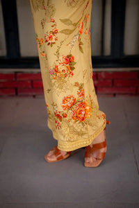 Printed yellow floral co-ord set pant lace trim detail
