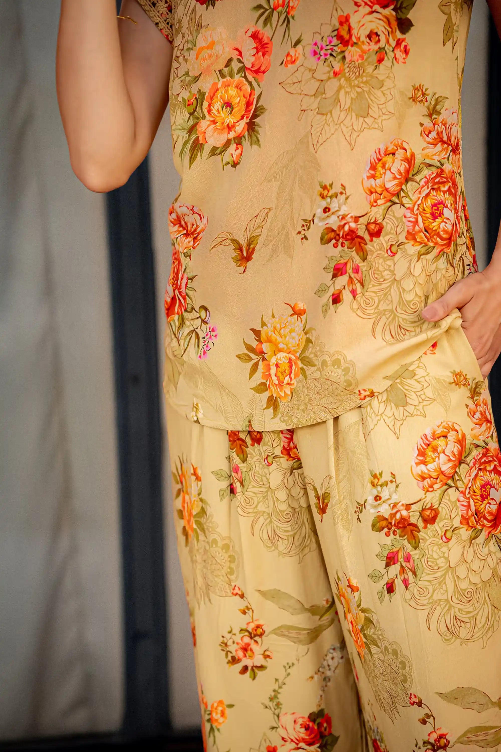 Yellow floral printed co-ord set with tunic top and pants closeup