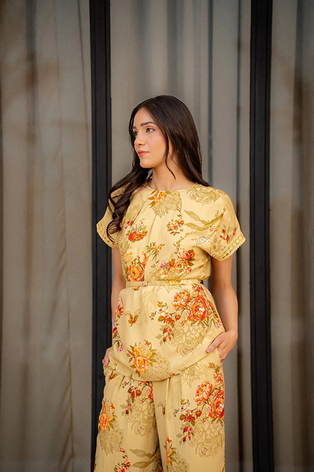 Mustard yellow floral printed co-ord set side profile