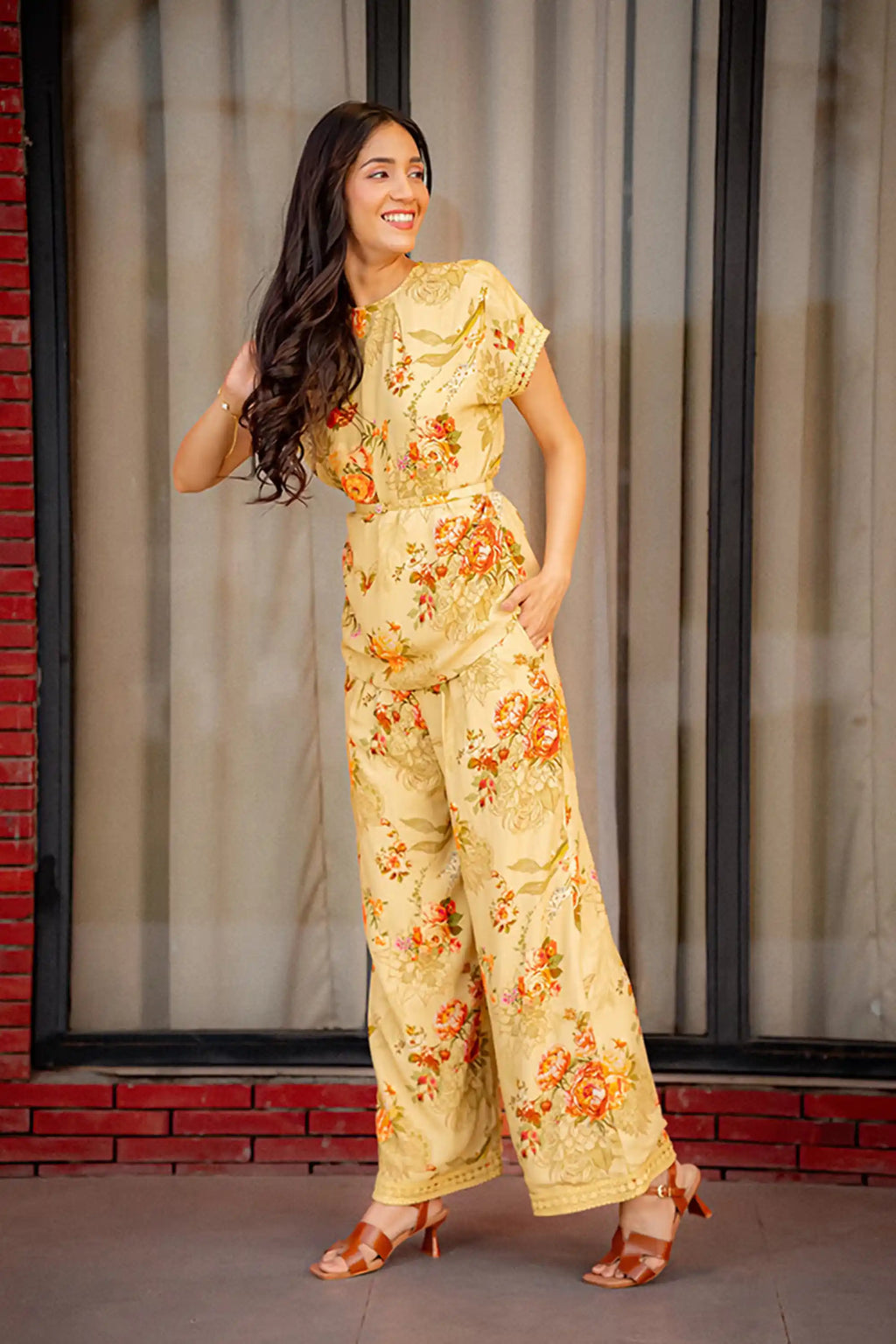 yellow floral co-ord set with wide-leg pants and short-sleeve top