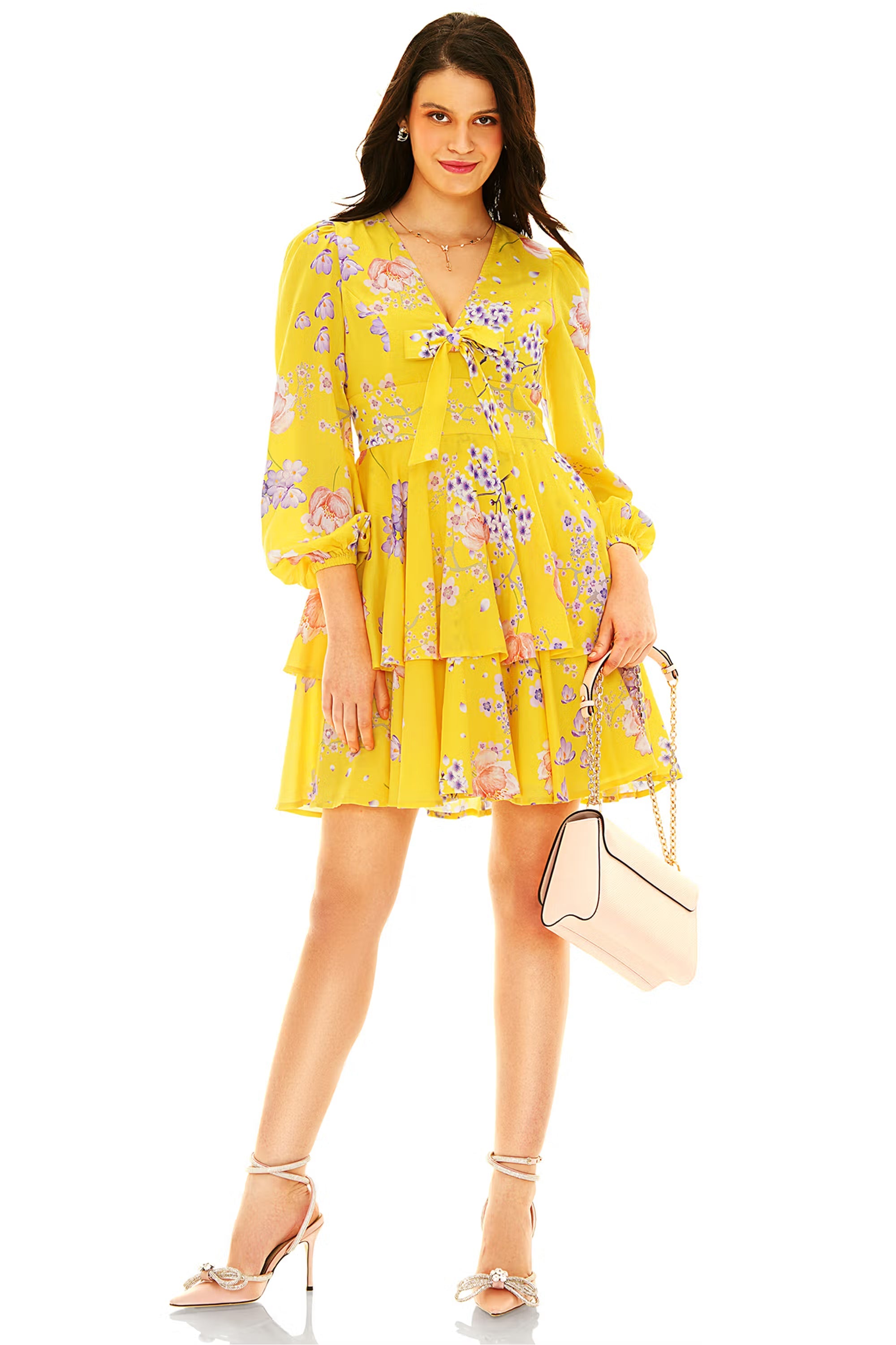 Yellow floral long sleeve mini dress with tie front and layered skirt
