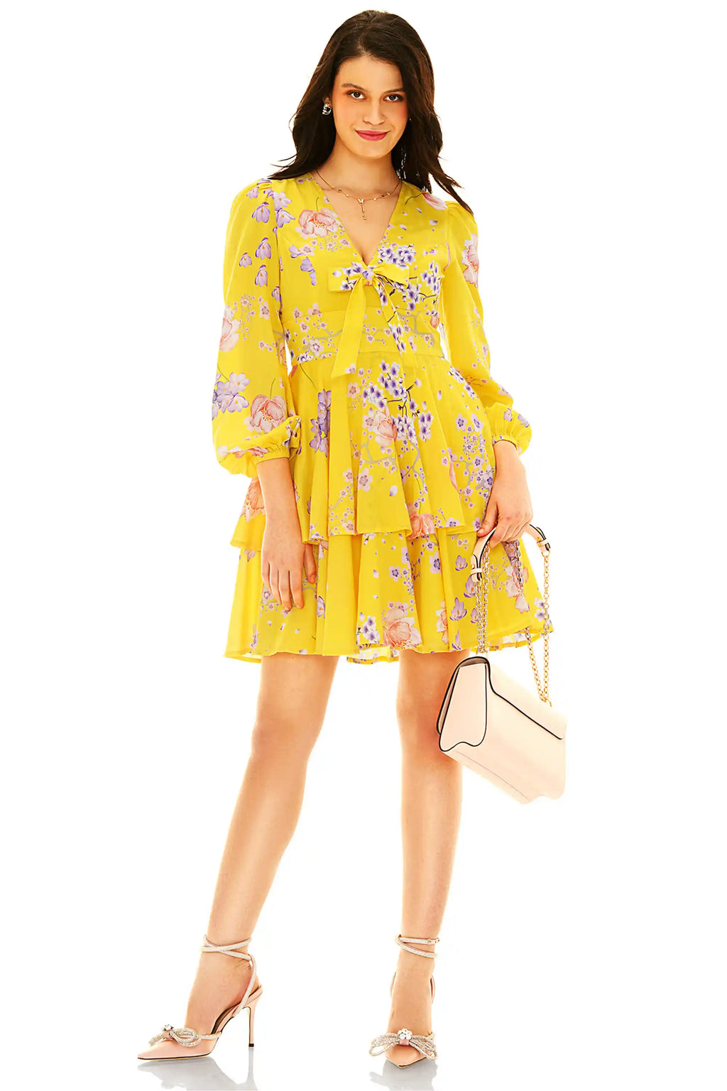 Yellow floral long sleeve mini dress with bow, front view