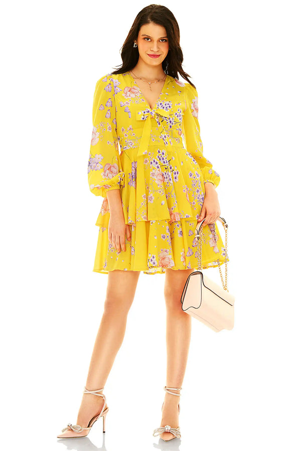 Marigold Tie-Neck Ruffle Mini Dress — view 2
