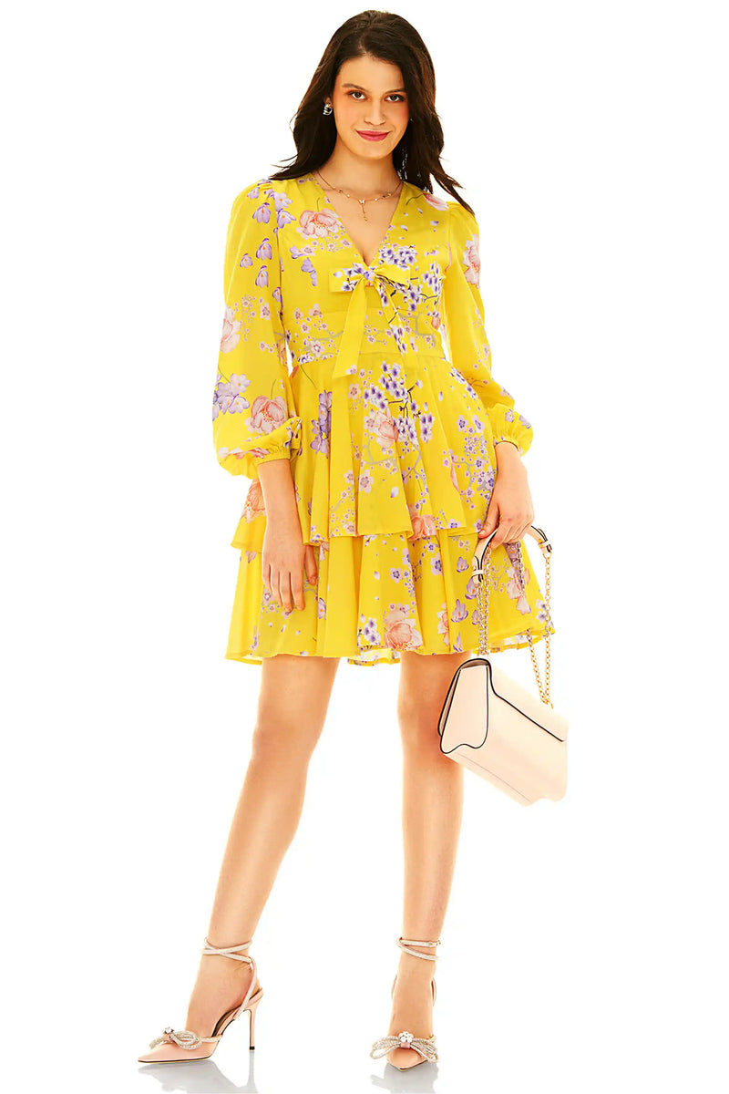 Marigold Tie-Neck Ruffle Mini Dress — eco-friendly fashion Pretty Pixie