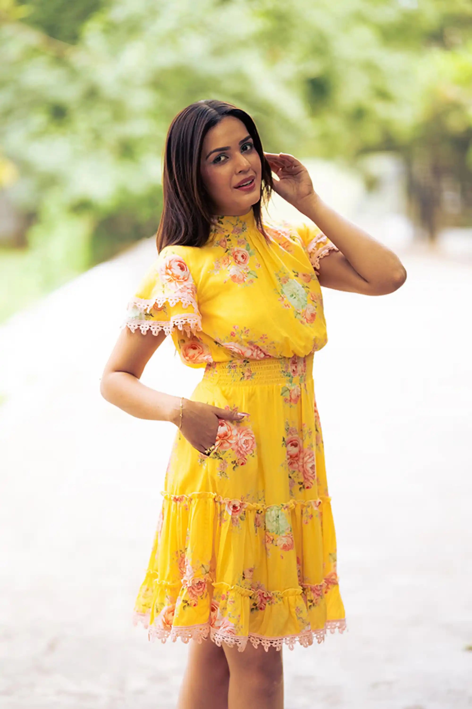 Yellow floral short dress elegant side profile pose