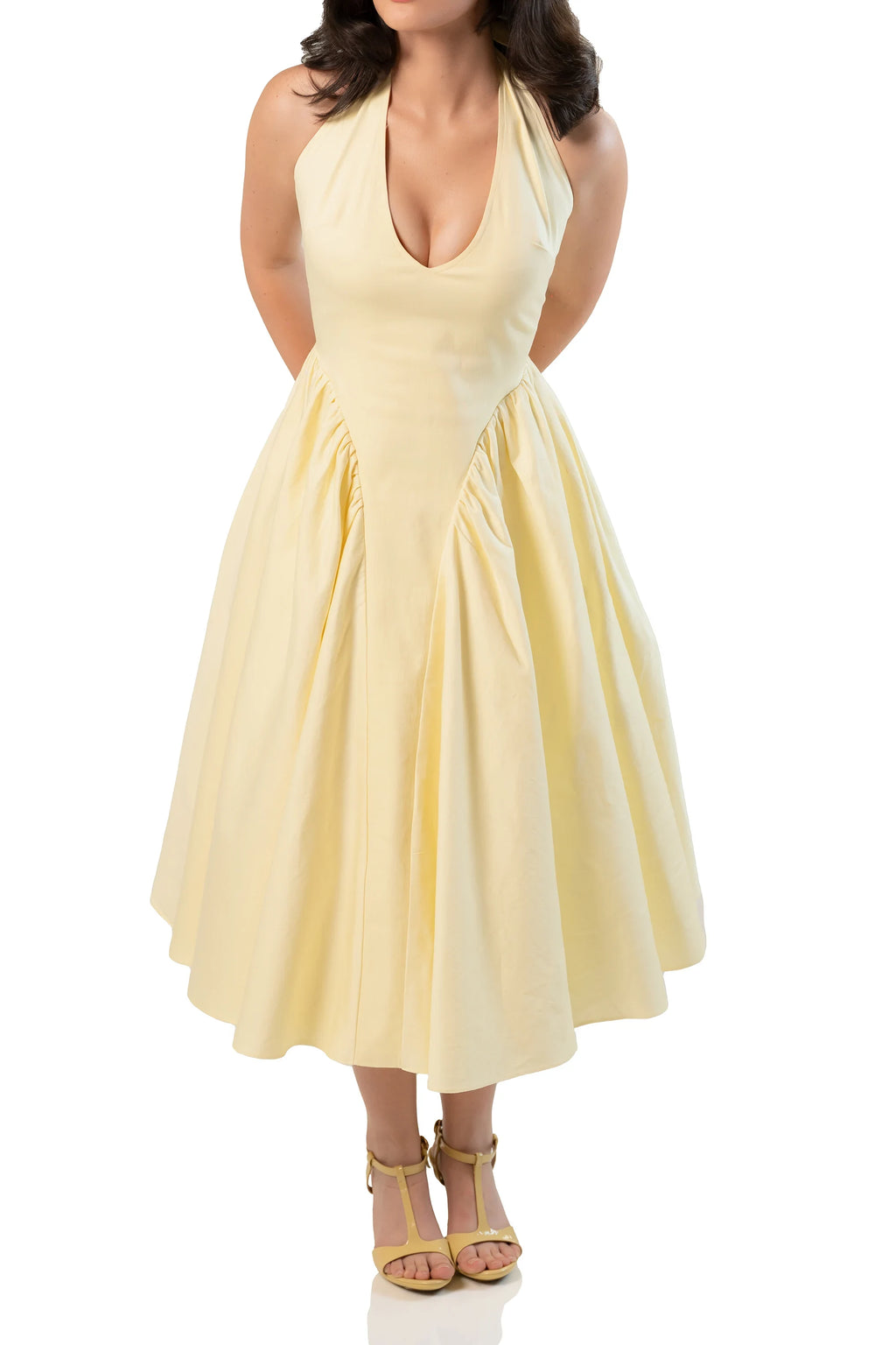 Front view: yellow halter midi dress, deep V neckline, gathered skirt
