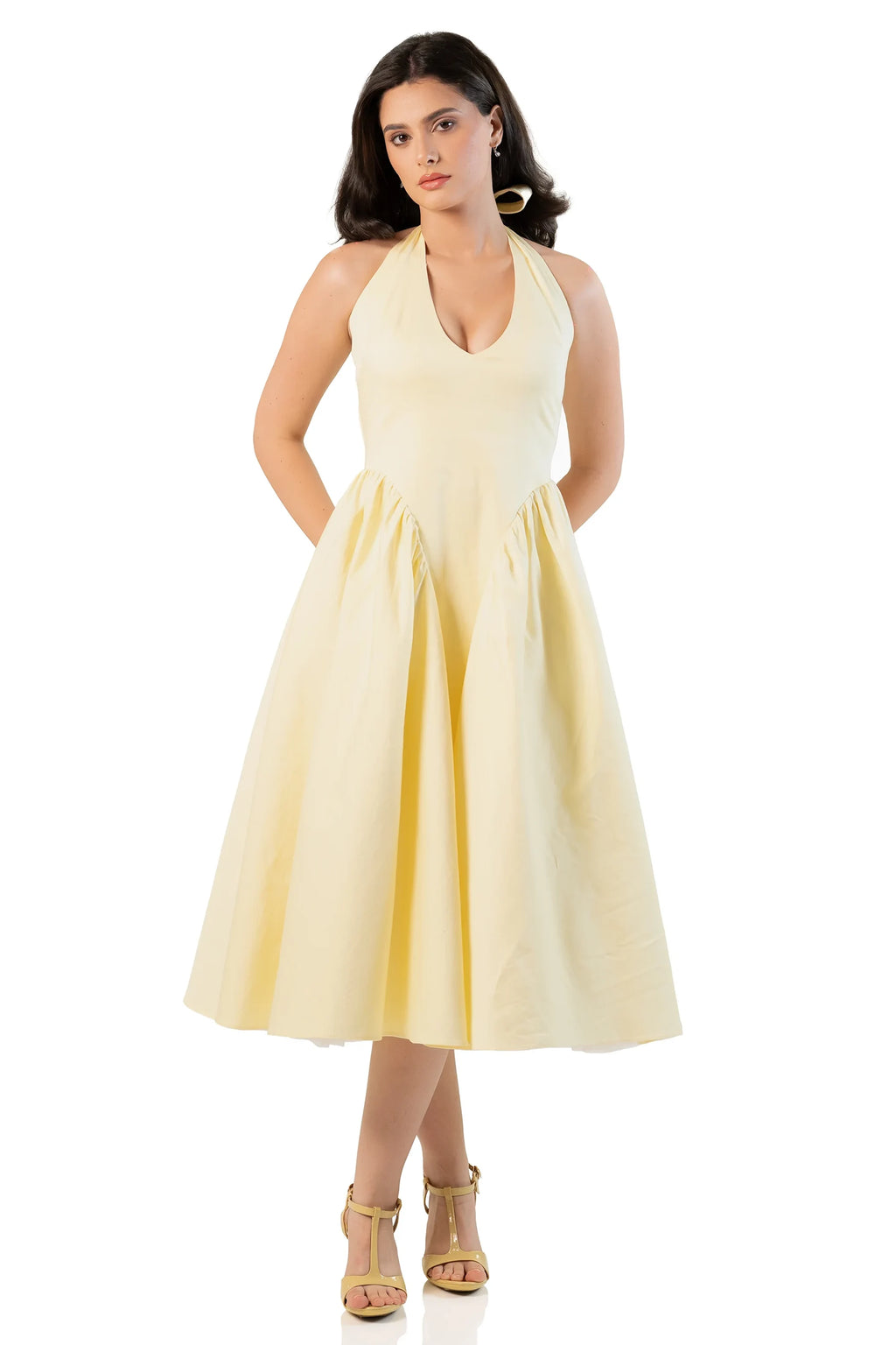 Front view: yellow halter midi dress with flared A-line skirt