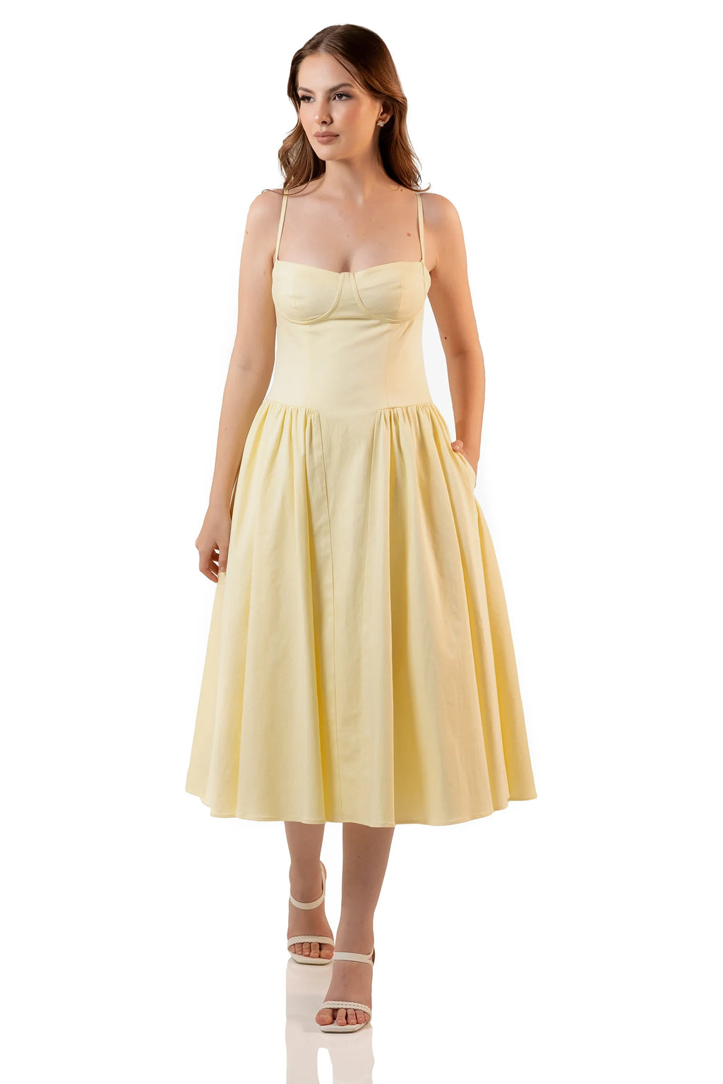 Front view of yellow midi dress with fitted bodice and flared skirt