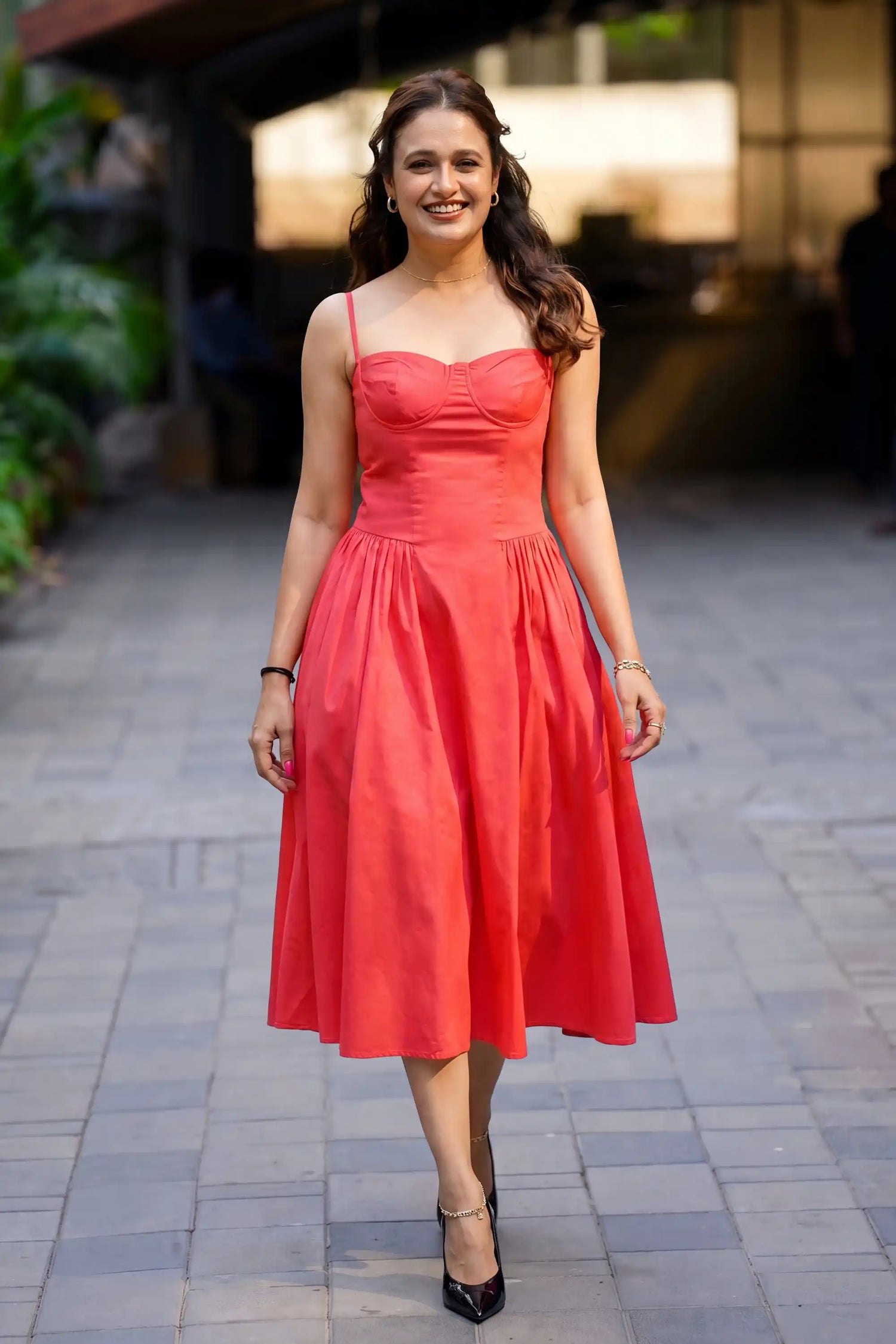 Yuvika Chaudhary in PrettyPixie coral red spaghetti strap bustier midi dress